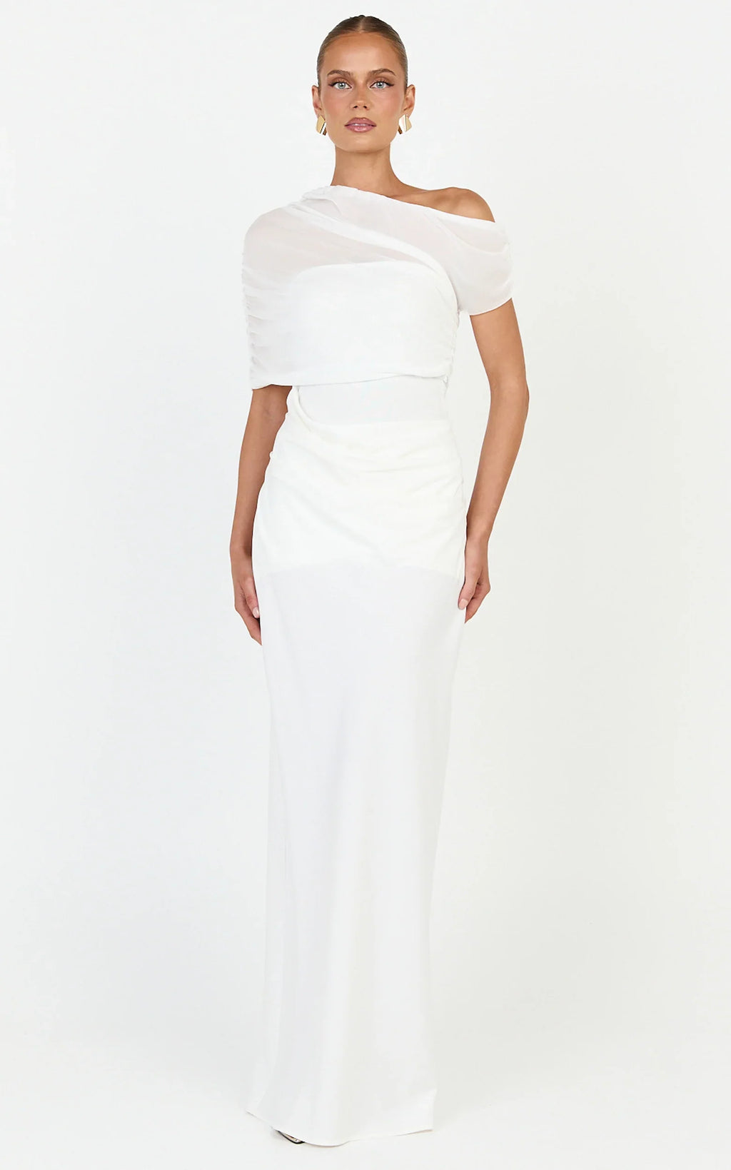 Nami Maxi Dress - Overlay Off Shoulder Draped Cowl Waist Dress in White
