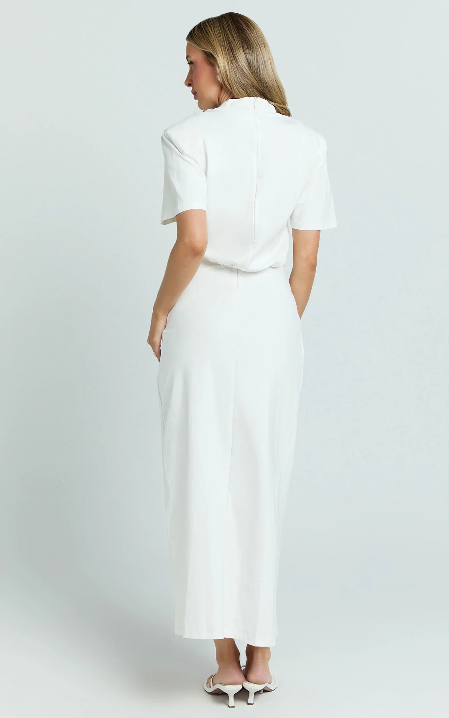 Tonya Maxi Dress - Square Shoulder Twist Leg Split Dress in White