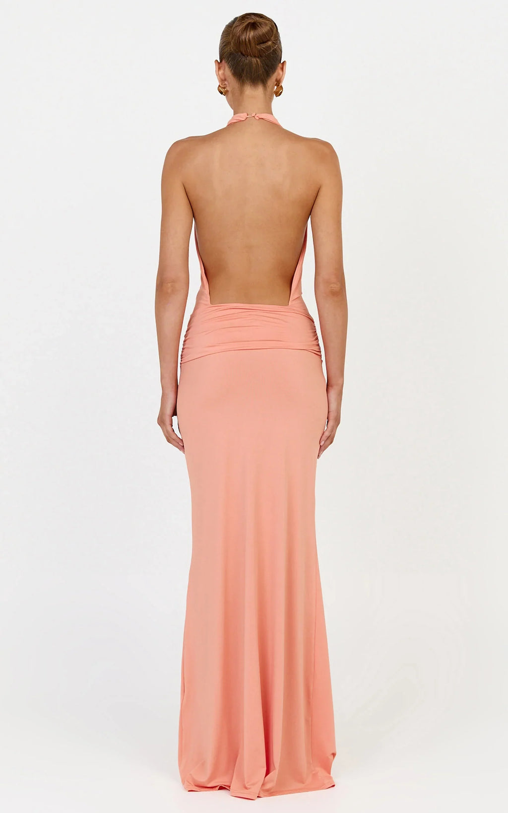 Lizzy Maxi Dress - Backless Ruched Bodycon Dress in Coral