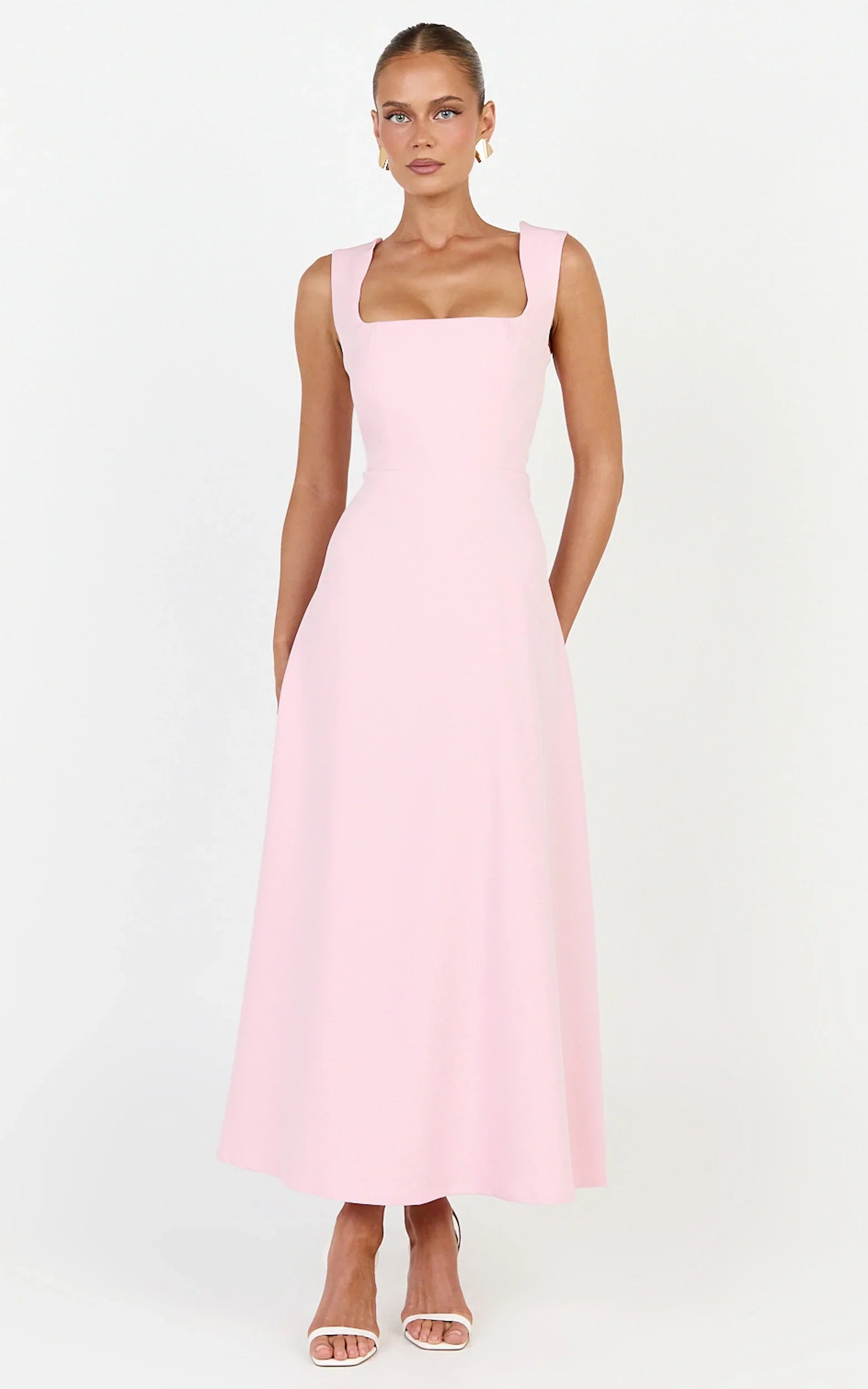 Zinnia Midi Dress - Square Neck A Line Dress in Pink