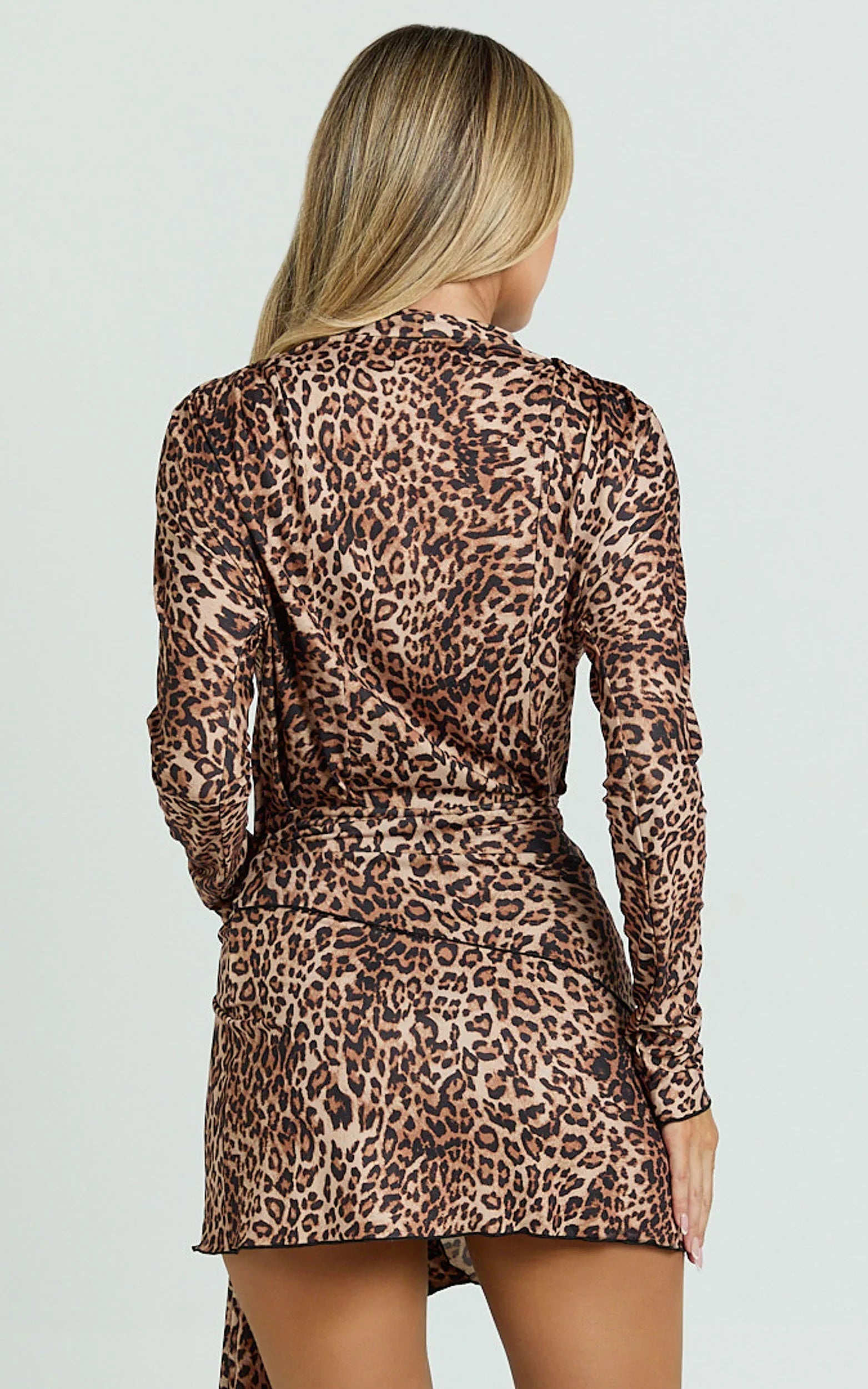 Tash Mini Dress - Long Sleeve Plunge Wrap Dress in Tonal Leopard