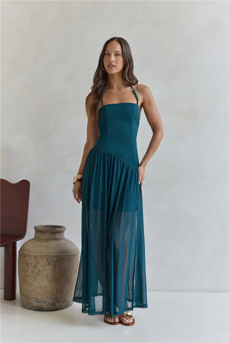 Feel The Light Halter Mesh Maxi Dress Teal