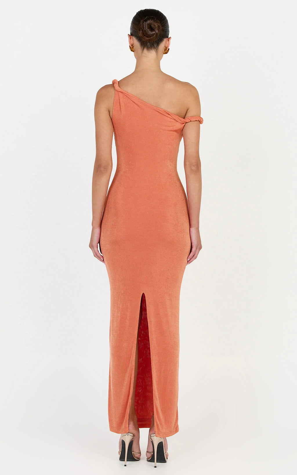 Isabel Midi Dress - Twist Off Shoulder Bodycon Dress in Coral