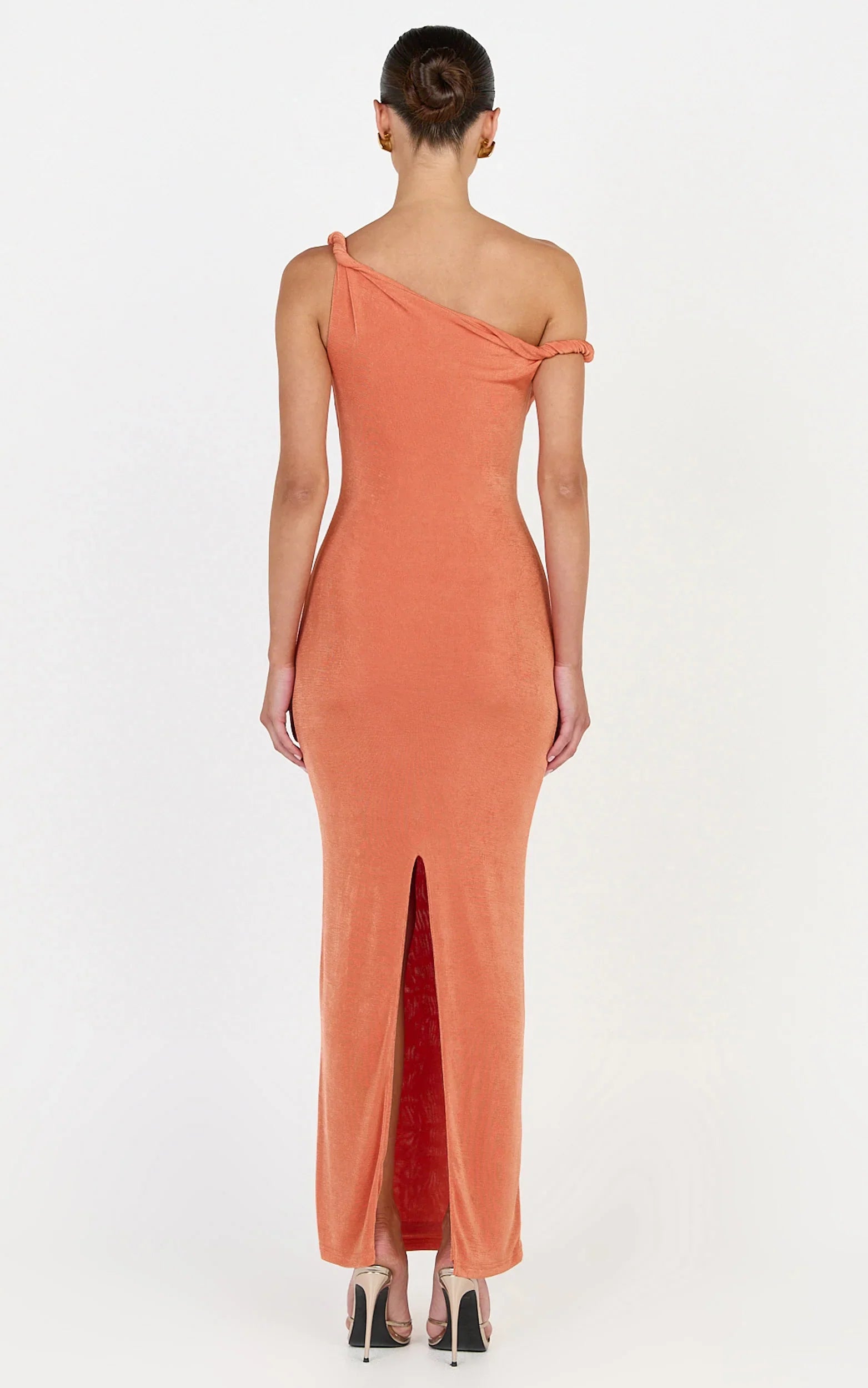 Isabel Midi Dress - Twist Off Shoulder Bodycon Dress in Coral