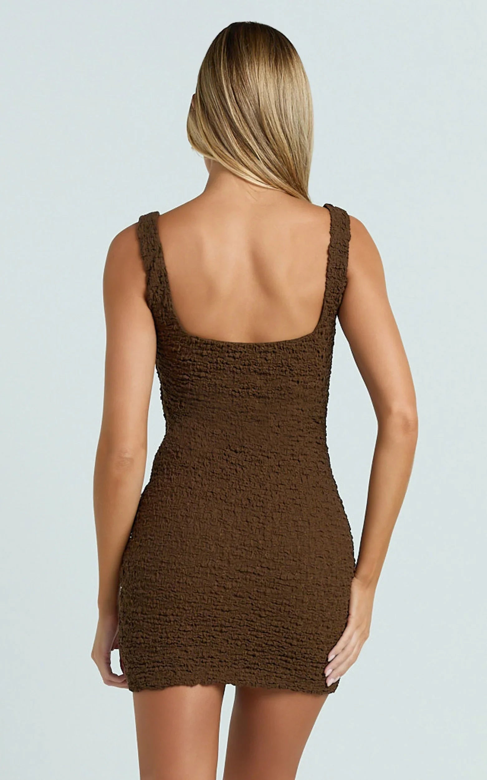 Portia Mini Dress - V Neck Textured Jersey Bodycon Mini Dress in Chocolate
