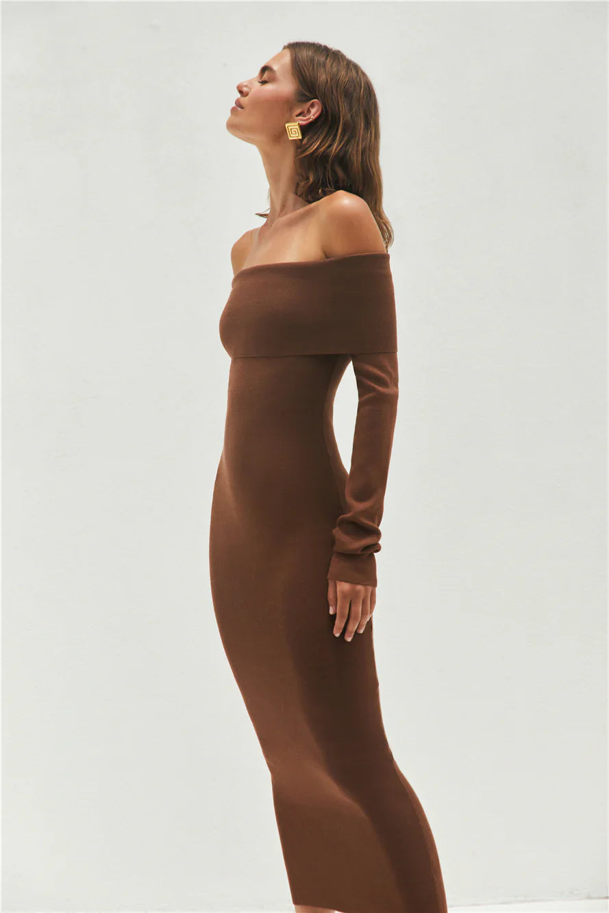 Angels Sing Off Shoulder Knit Maxi Dress Chocolate