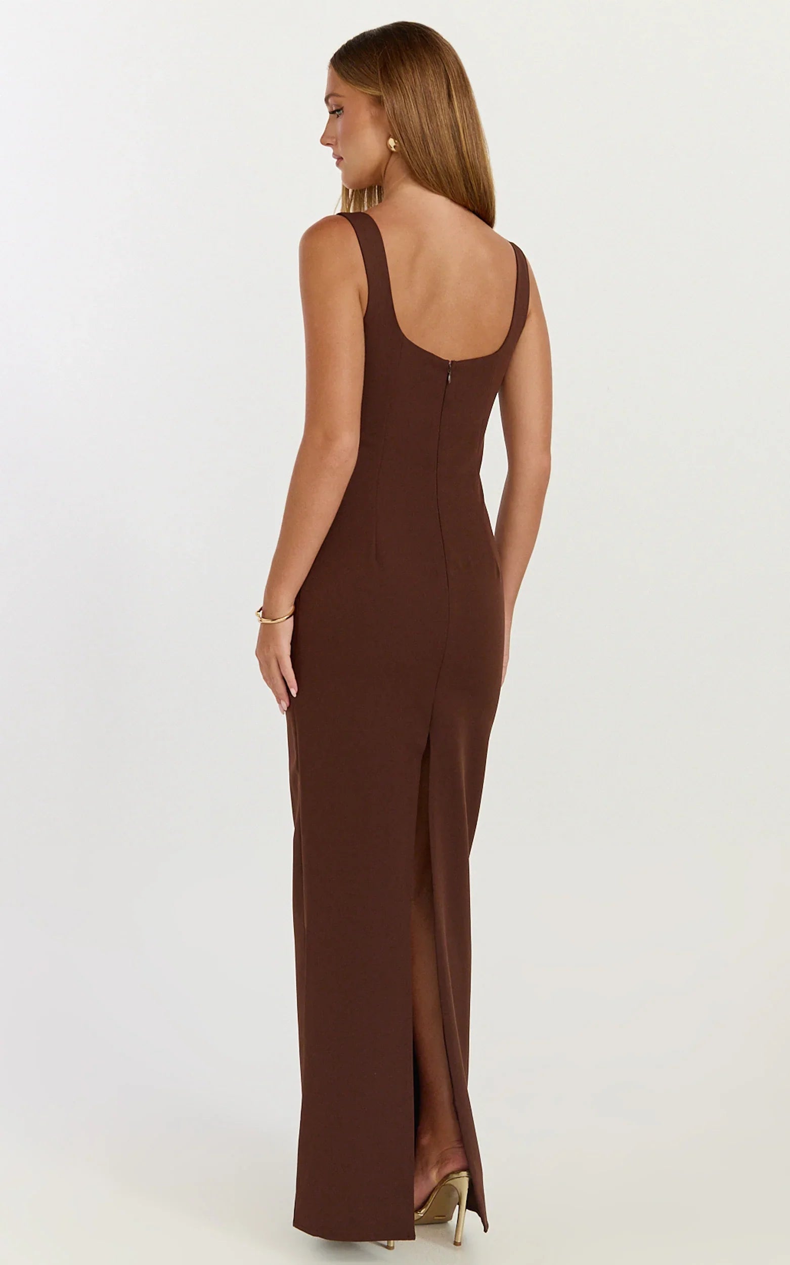 Stormi Maxi Dress - Balconette Bodice Side Split Dress in Chocolate