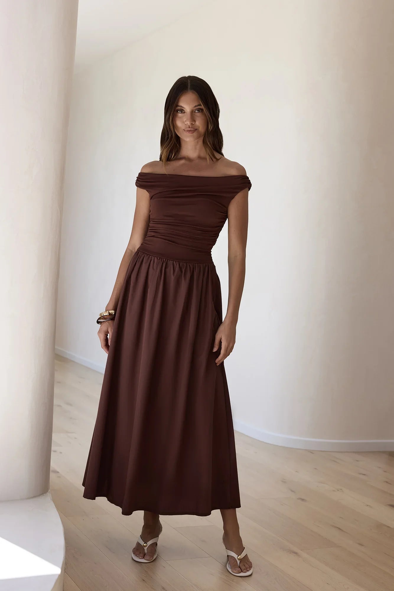 Days Of The Sun Off Shoulder Maxi Dress Chocolate