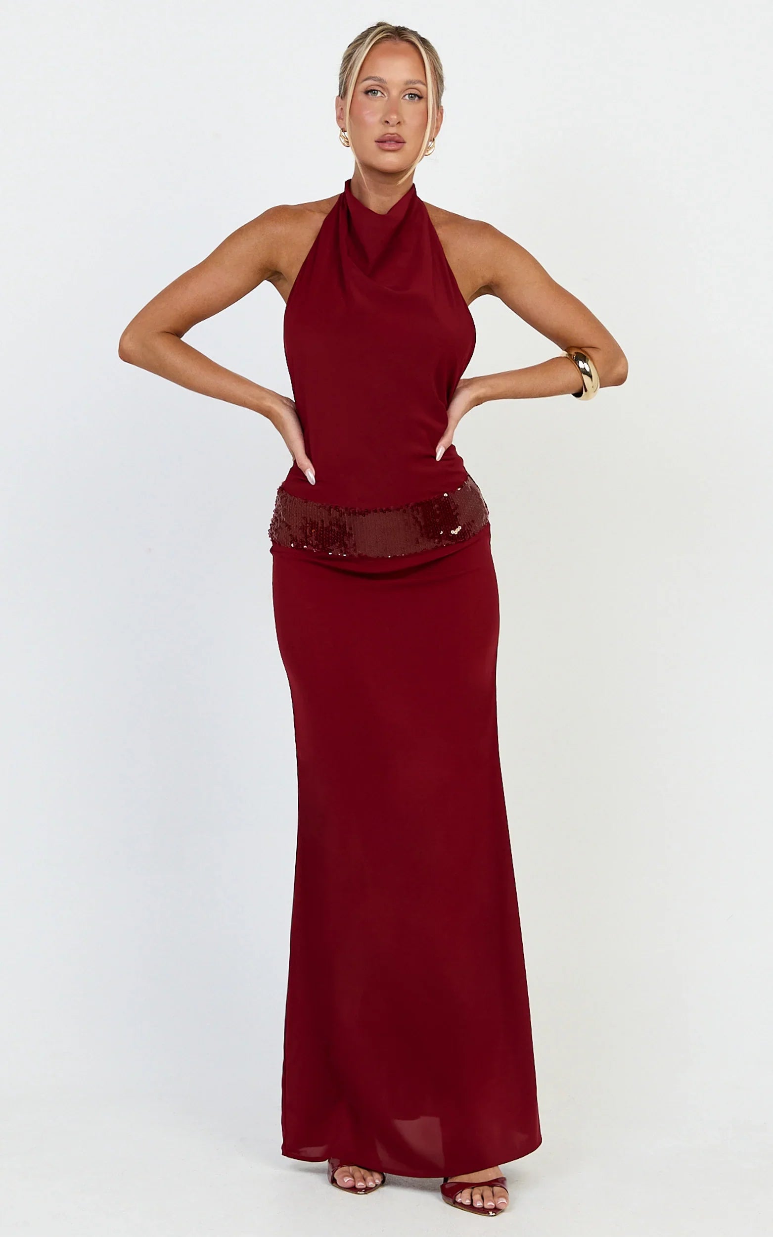 Evianne Maxi Dress - Backless Sequin Drop Waist Halter Dress in Wine