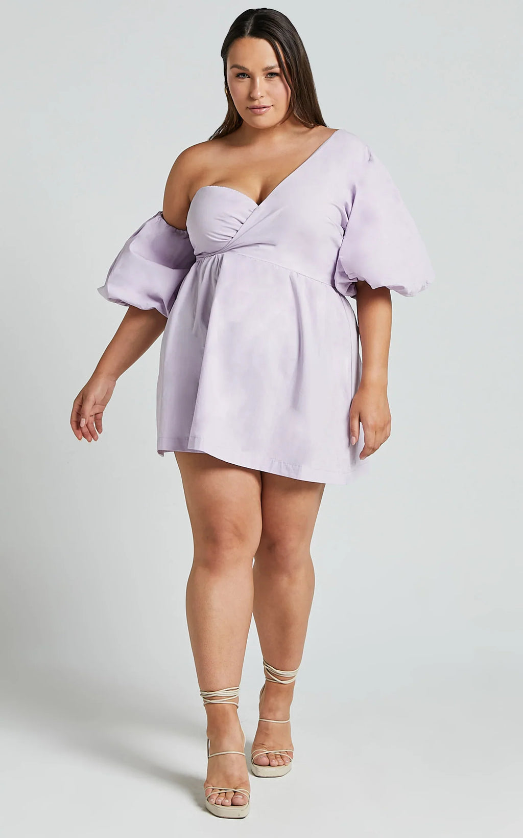 Sula Mini Dress - Asymmetric Off One Shoulder Puff Sleeve Dress in Lilac