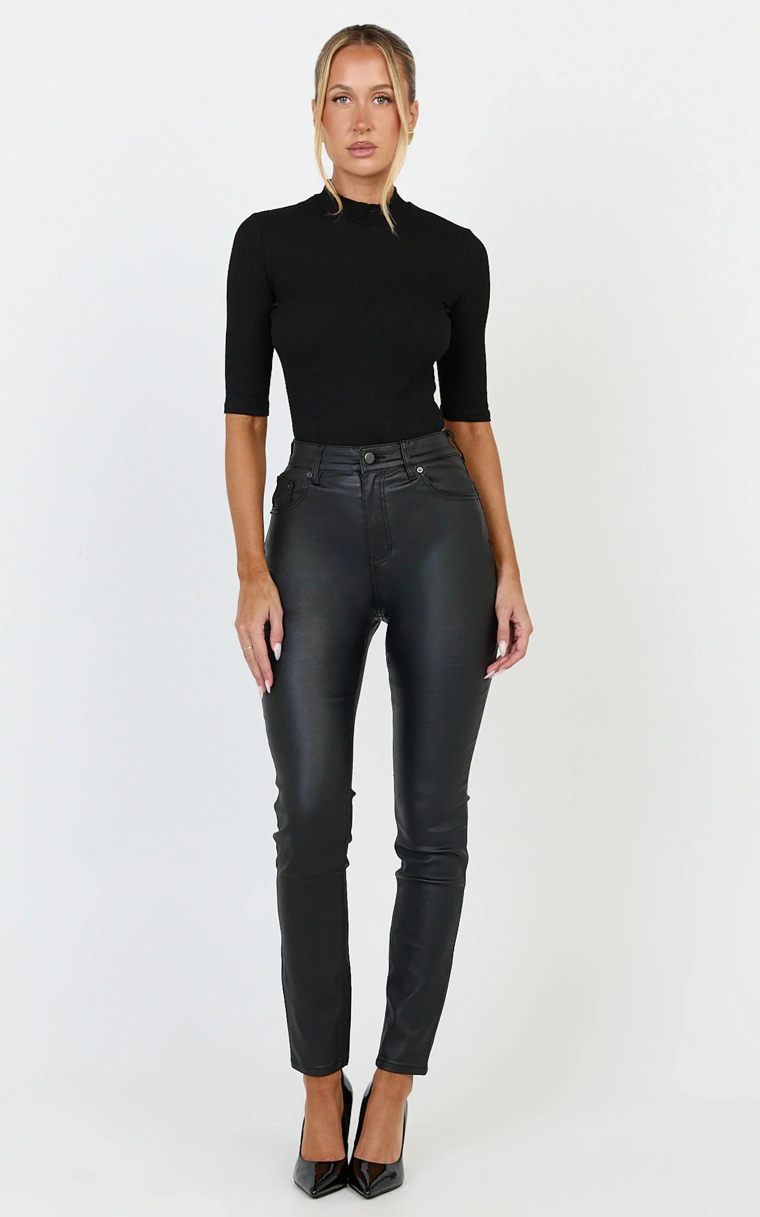 Whinnie Jeans - High Waist Skinny Coated Denim Jeans in Black