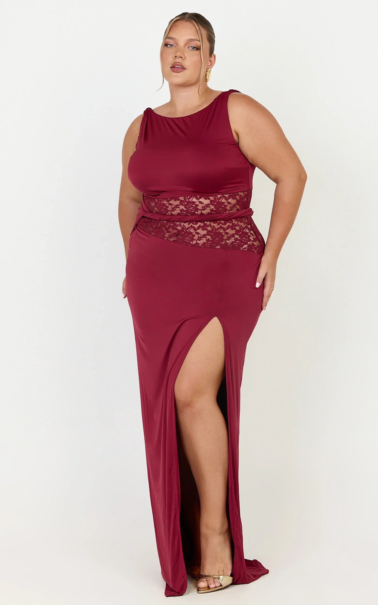 Alberta Maxi Dress - Spliced Sheer Lace Column Dress in Wine