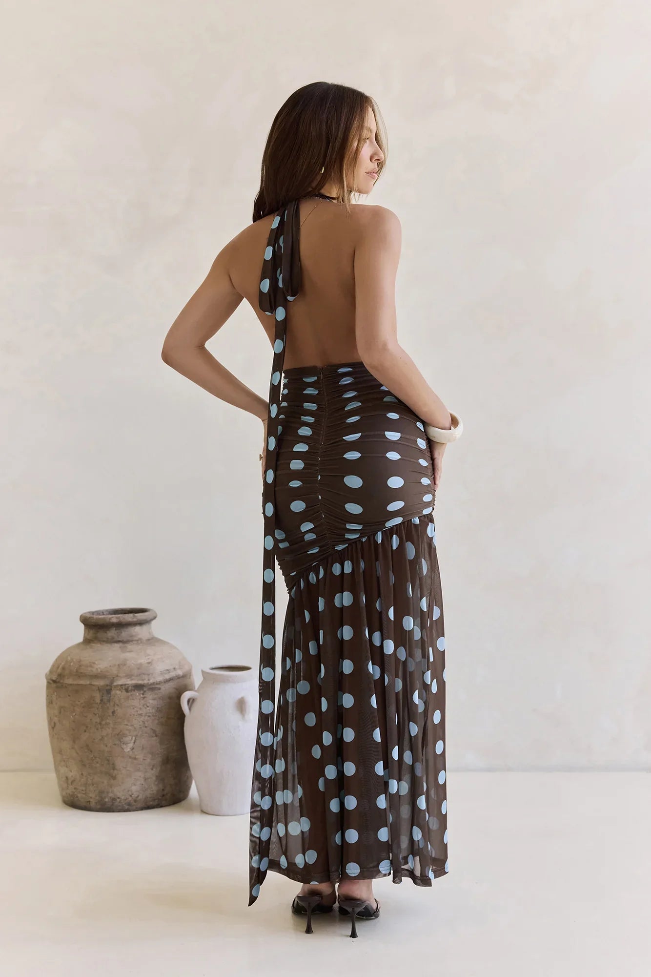 Editors Pick Mesh Halter Maxi Dress Brown