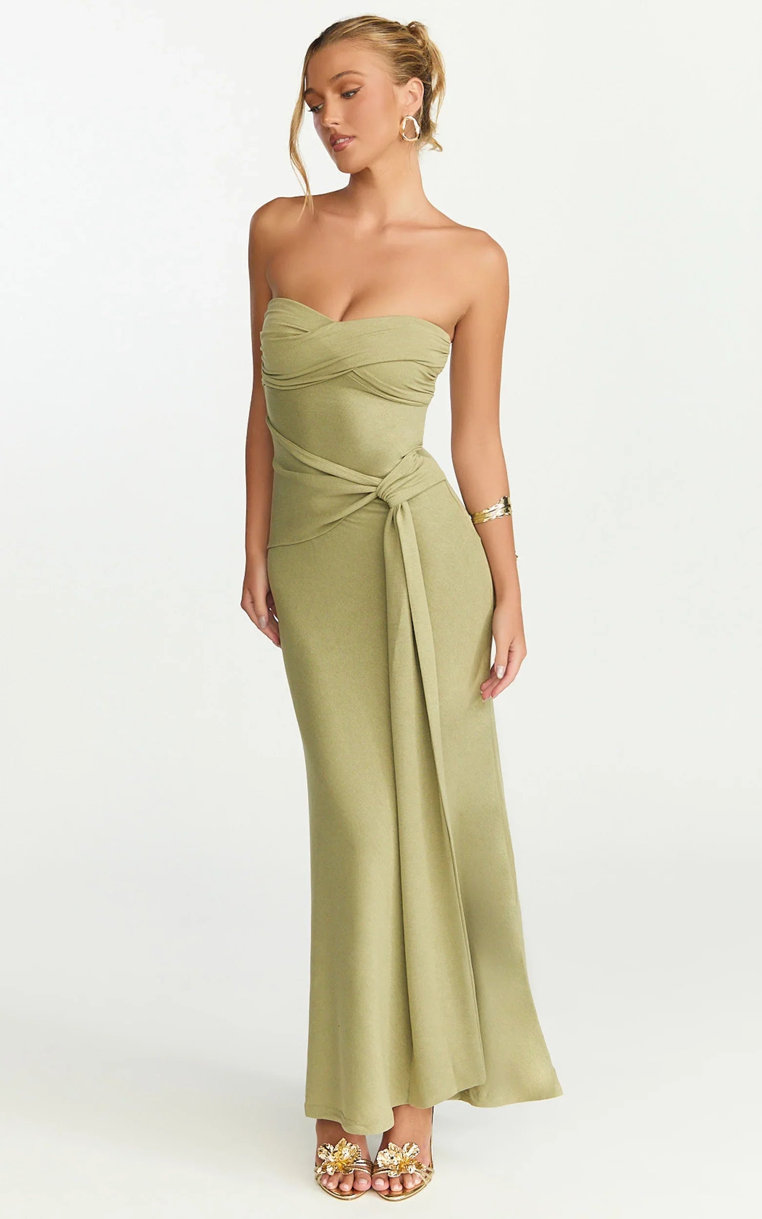 Aria Midi Dress - Strapless Tie Waist Dress in Sage