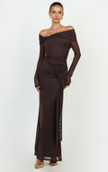 Waverly Maxi Dress - Long Sleeve Off Shoulder Dress in Chocolate