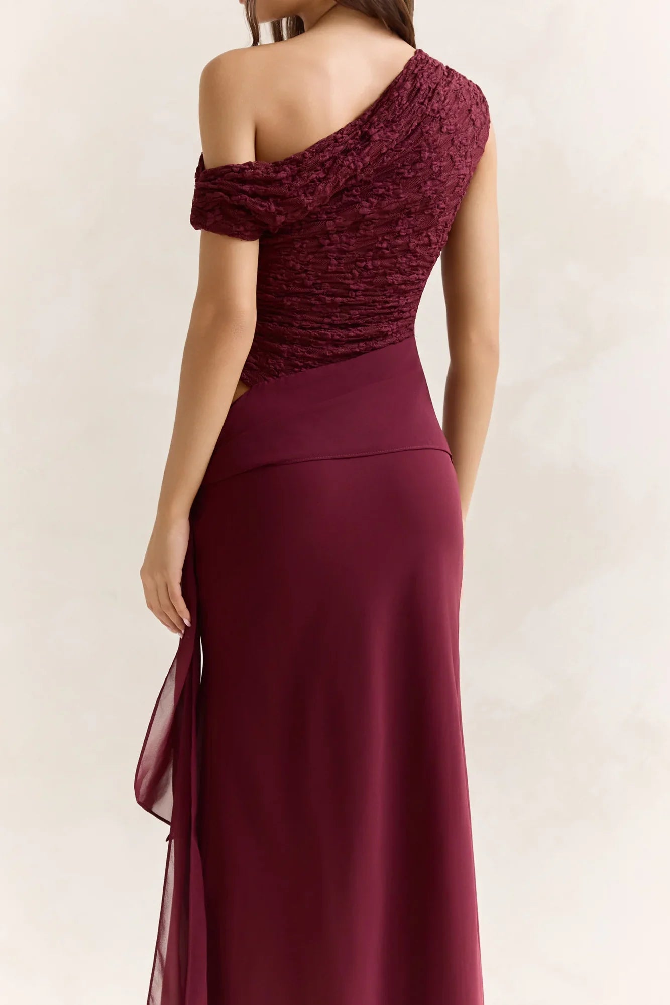 Modernity Mesh Off Shoulder Maxi Dress Burgundy