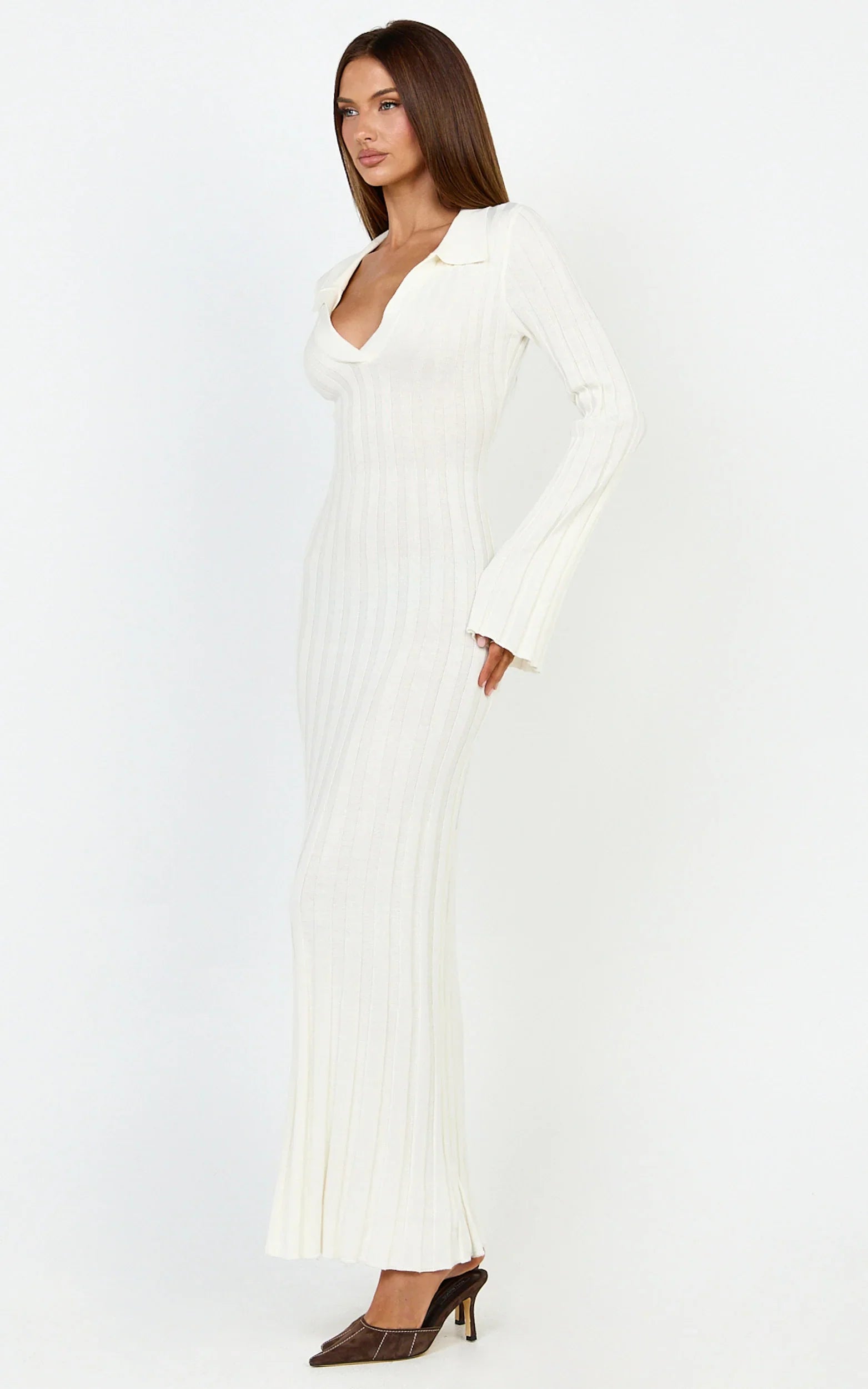 Pamela Midi Dress - Ribbed Knit Poli Midi Dress in Off White