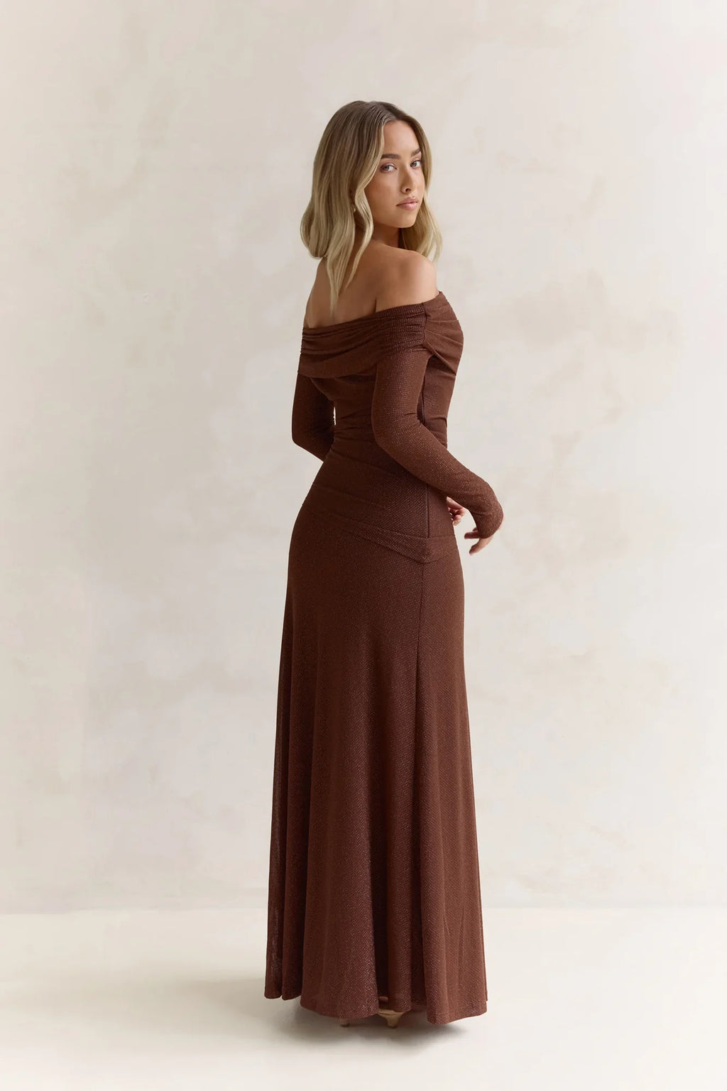 Carmelita Long Sleeve Off Shoulder Maxi Dress Brown