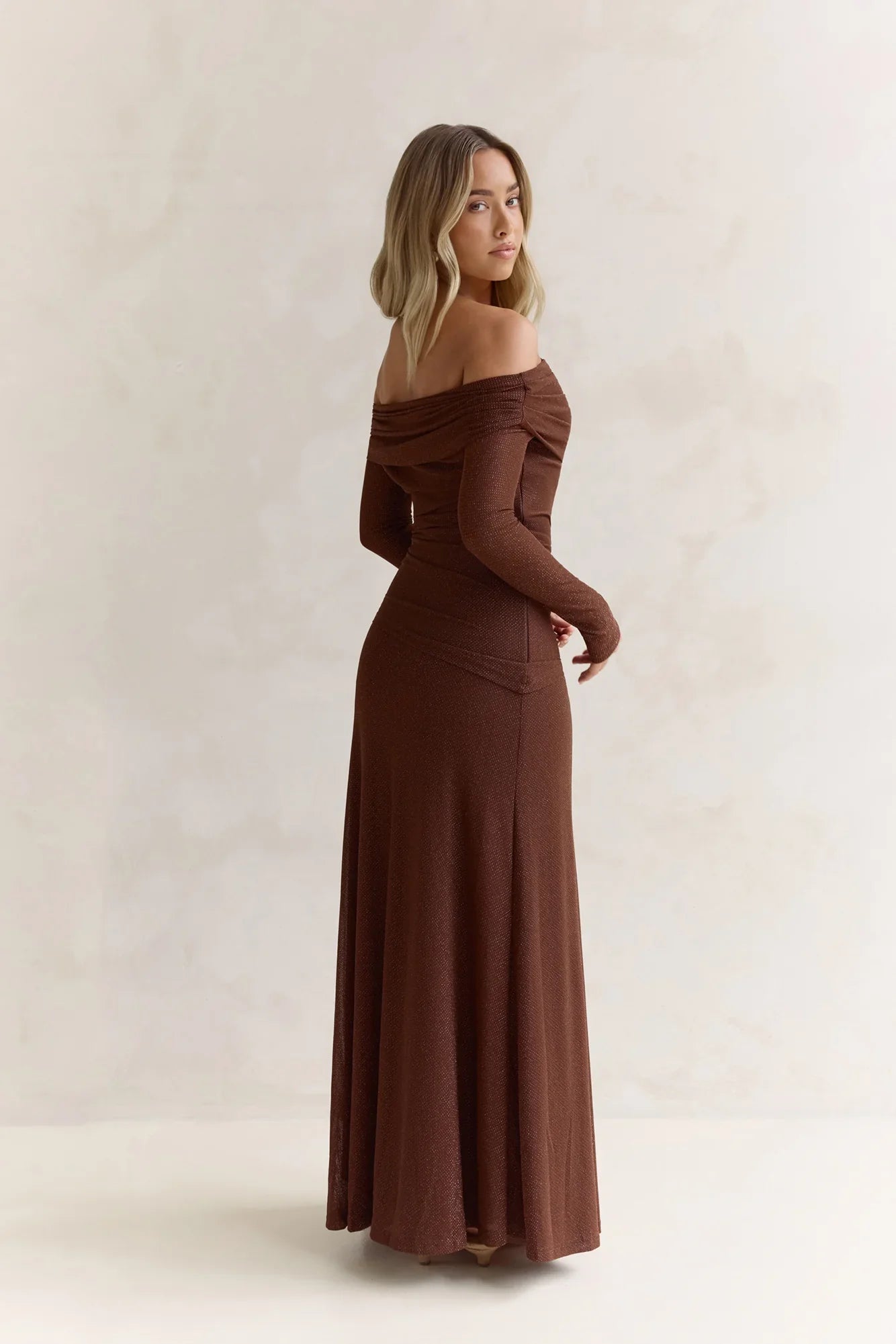 Carmelita Long Sleeve Off Shoulder Maxi Dress Brown