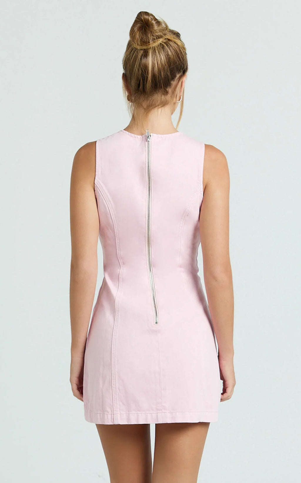 Olenna Mini Dress - High Neck Fitted Denim Dress in Pink