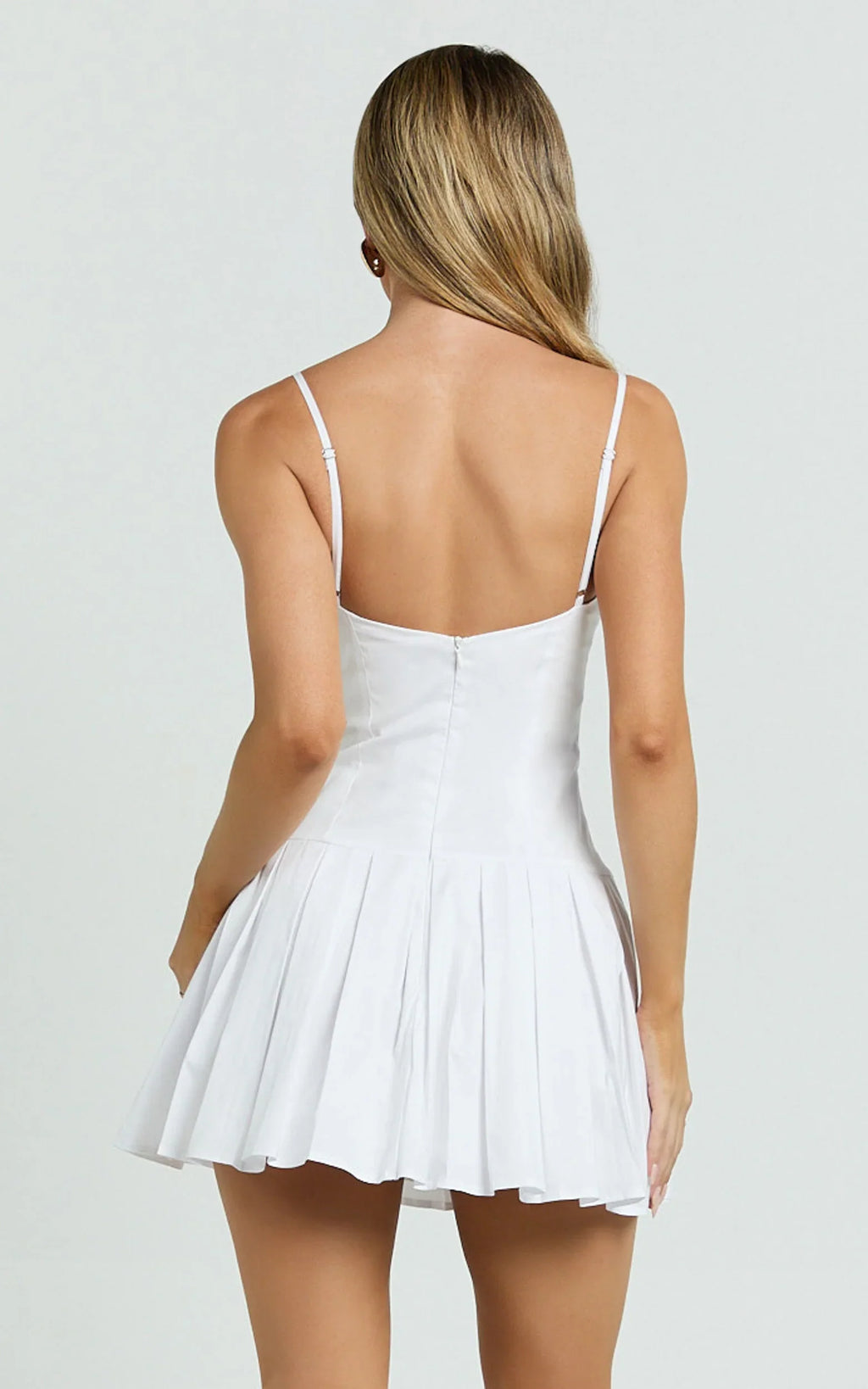 Stefanie Mini Dress - Scoop Neck Drop Waist Pleated Dress in White
