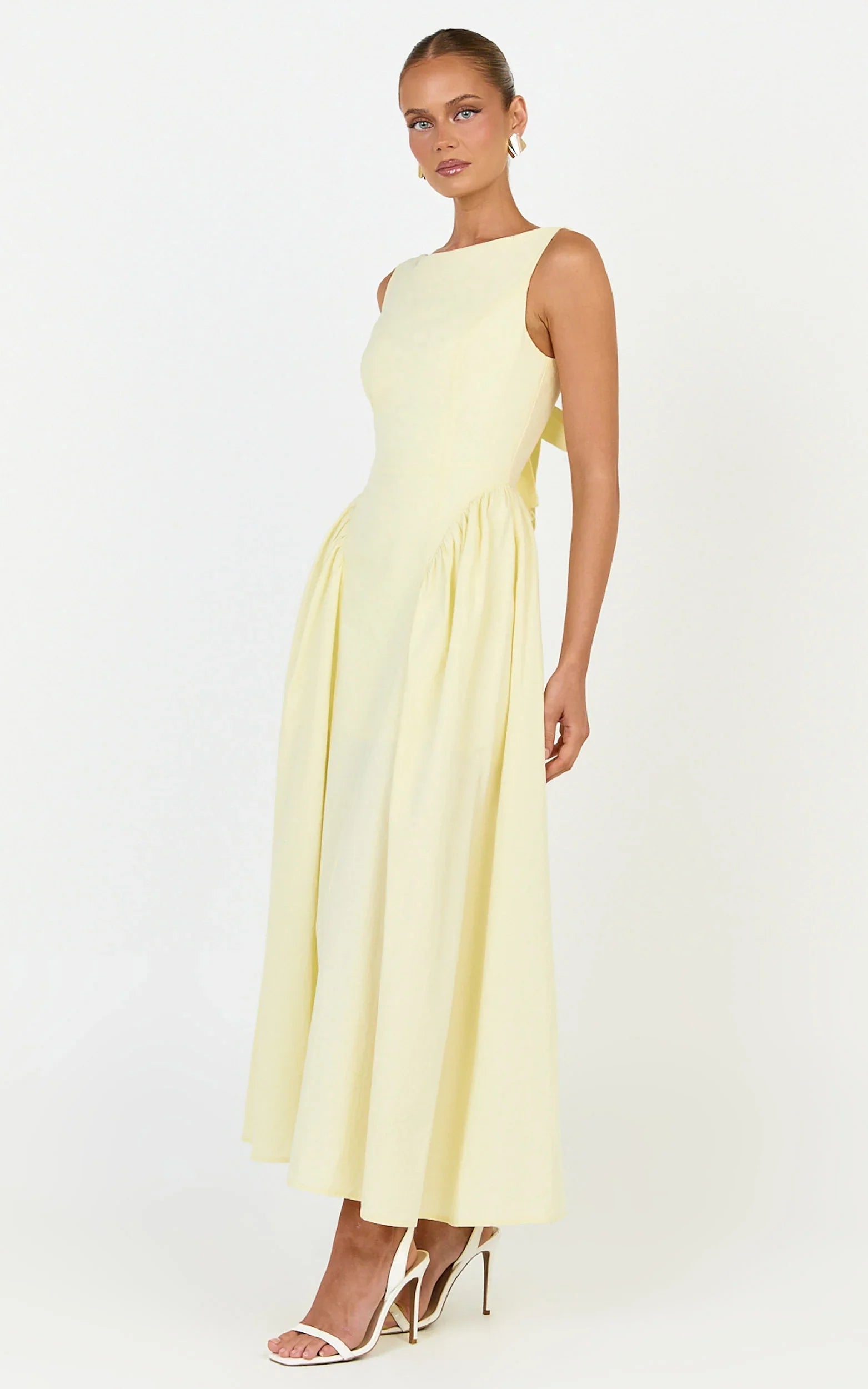 Casina Midi Dress - Boat Neck Tie Back Fit And Flare Dress in Yellow