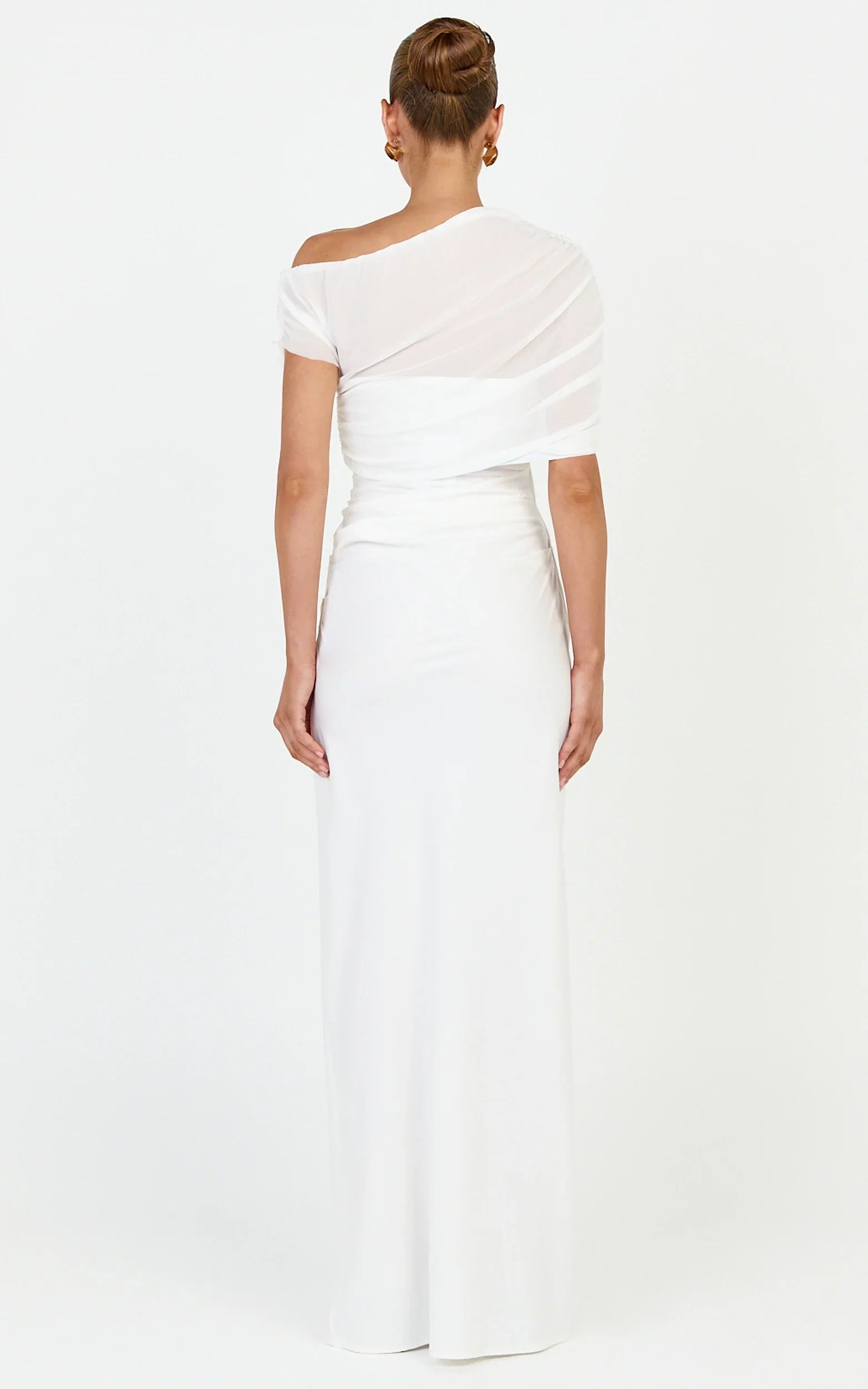 Nami Maxi Dress - Overlay Off Shoulder Draped Cowl Waist Dress in White