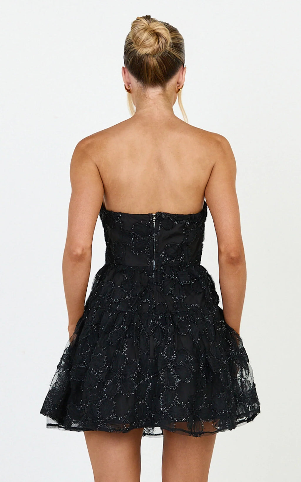 Marzy Mini Dress - Strapless Floral Detail Lace Fit and Flare Dress in Black