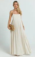 Yanna Midi Dress - Square Neckline Pleated Dress in Beige