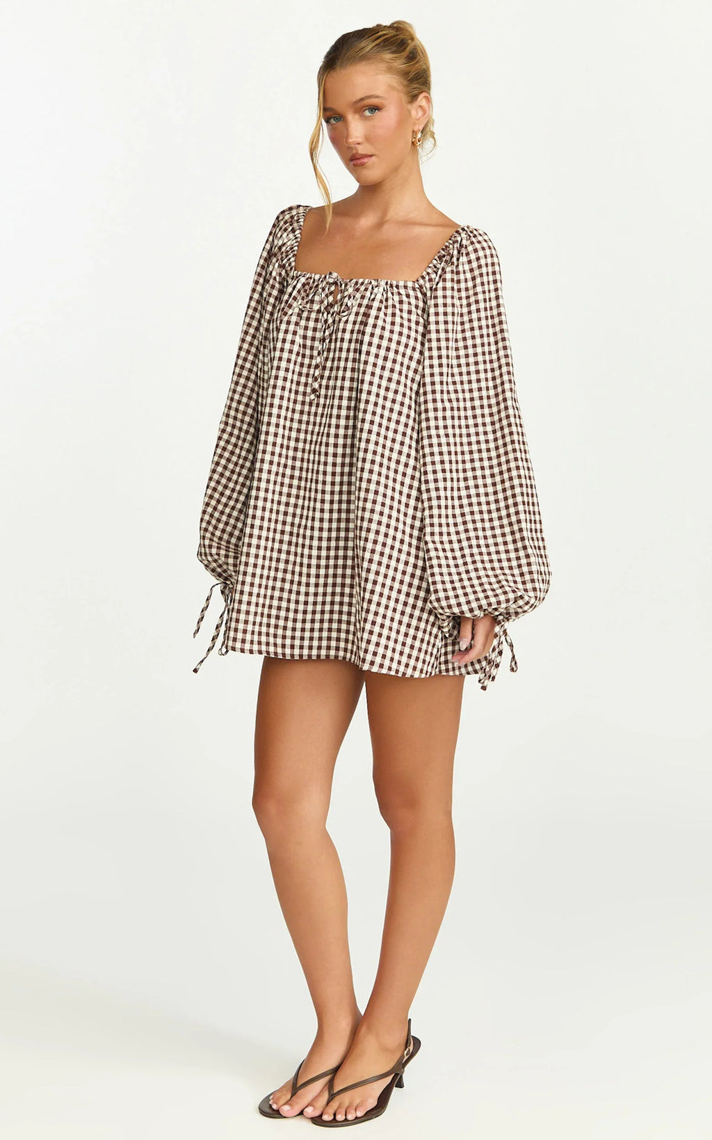 Brixton Mini Dress - Square Neck Smock Dress in Chocolate