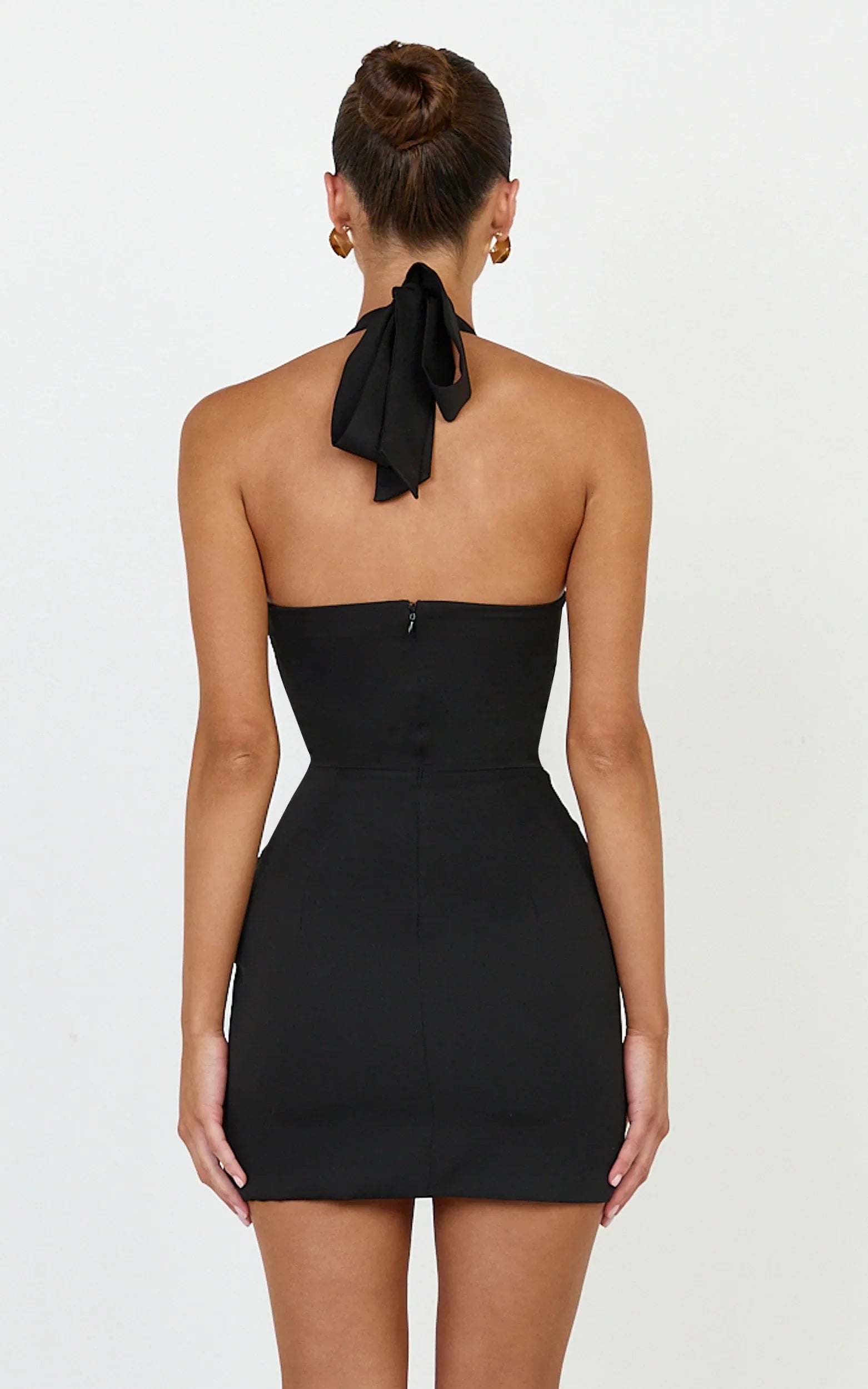 Karina Mini Dress - Halter Neck Princess Panel Tucked Waist Dress in Black