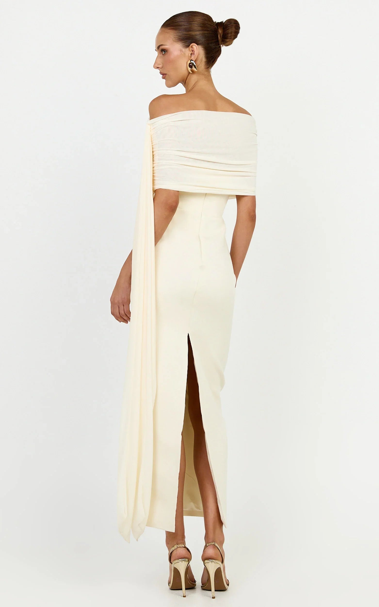 Elina Maxi Dress - Off Shoulder Contrast Mesh Draped Overlay Dress in Cream