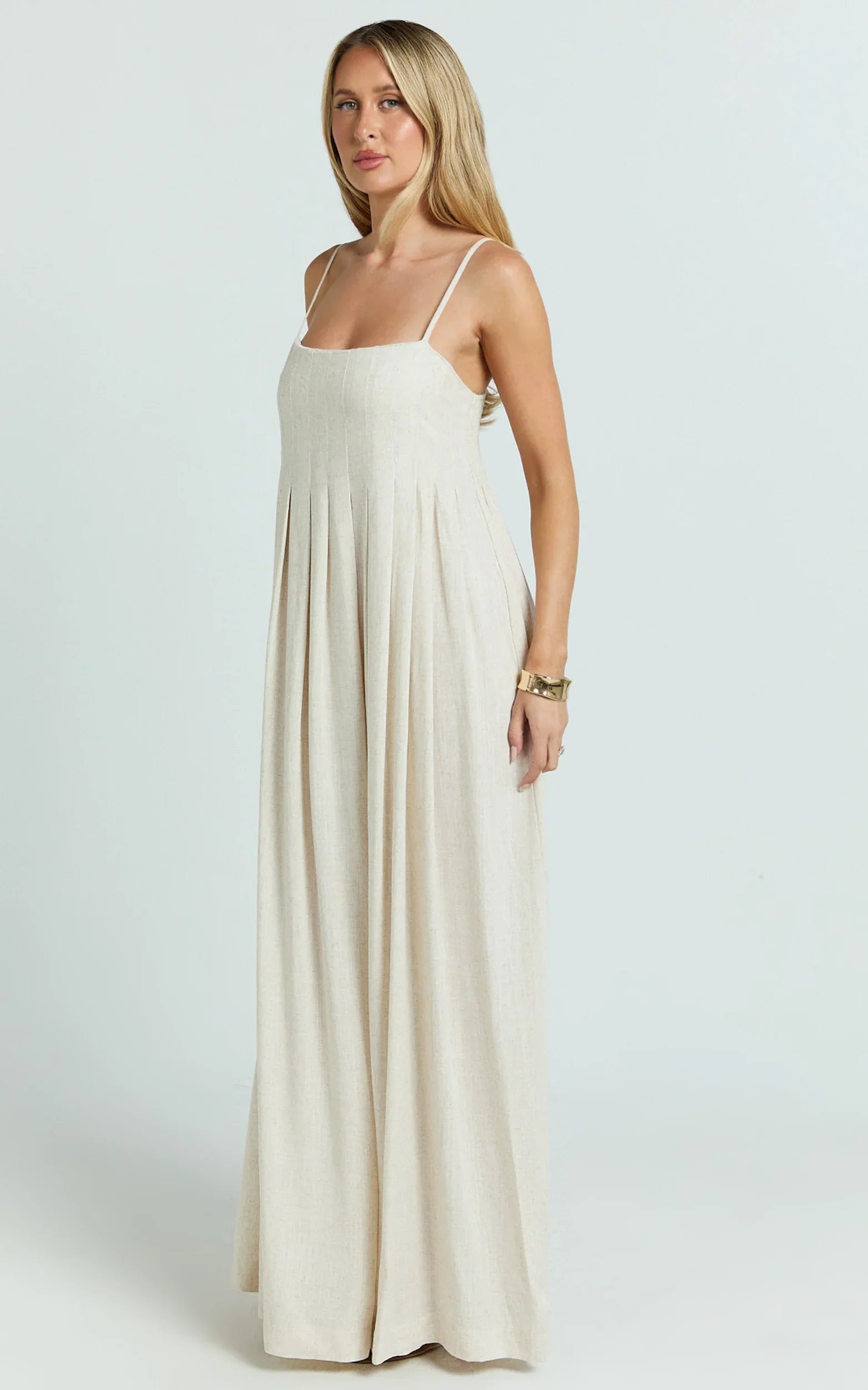 Yanna Midi Dress - Square Neckline Pleated Dress in Beige