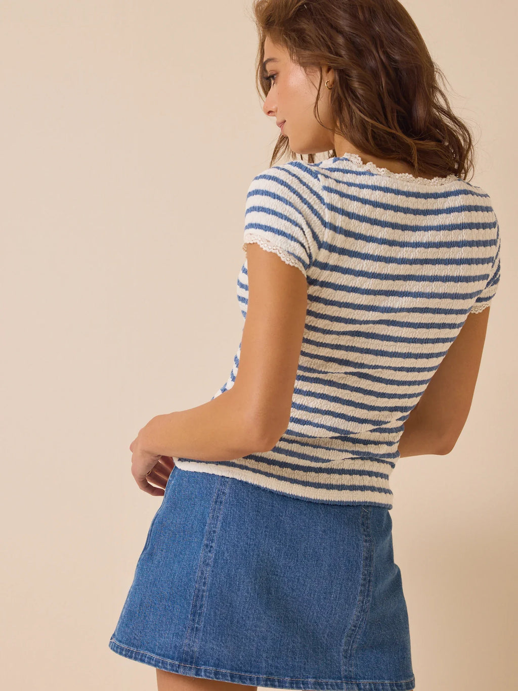 Shivani Striped Lace Trim Tee
