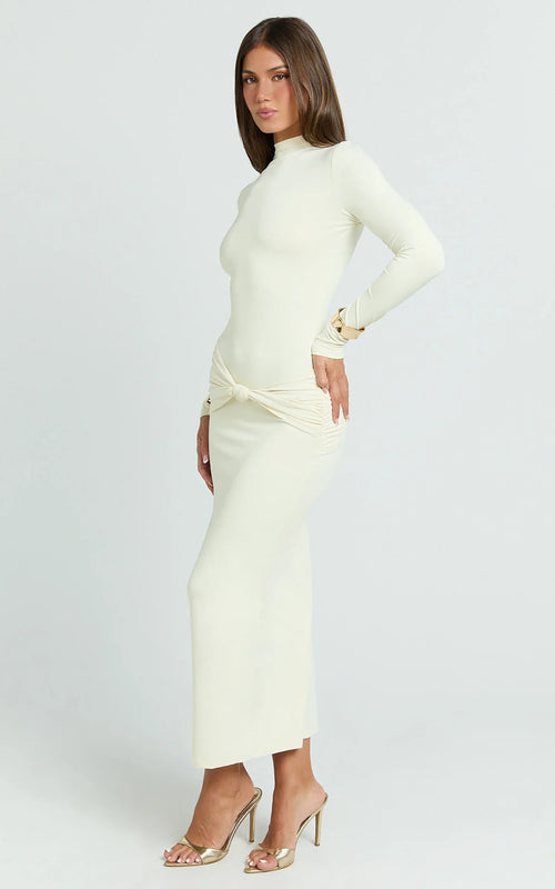 Amelita Midi Dress - Long Sleeve Knot Detail Dress in Cream