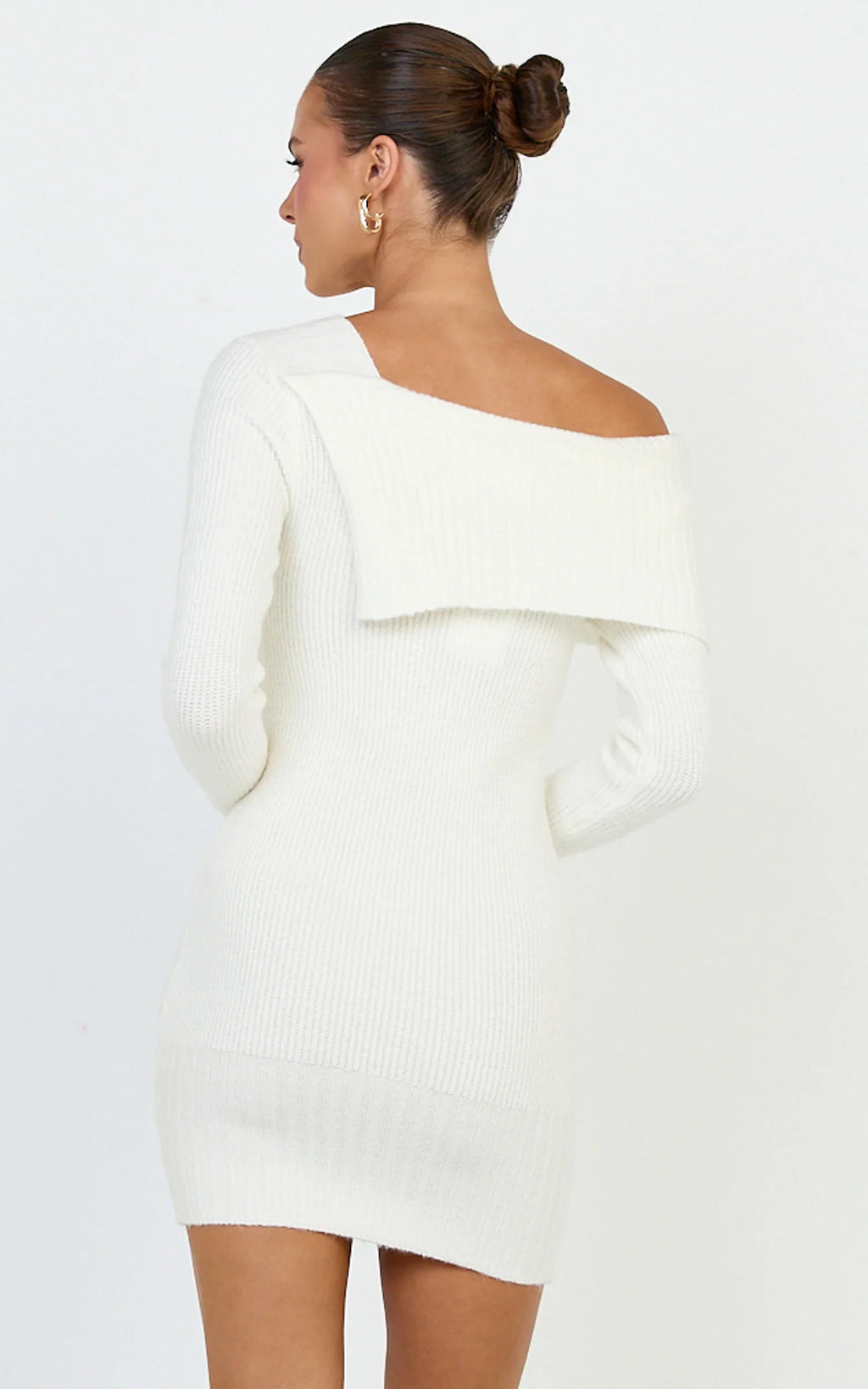 Tess Mini Dress - Asymmetric Off Shoulder Long Sleeve Knit Dress in Cream