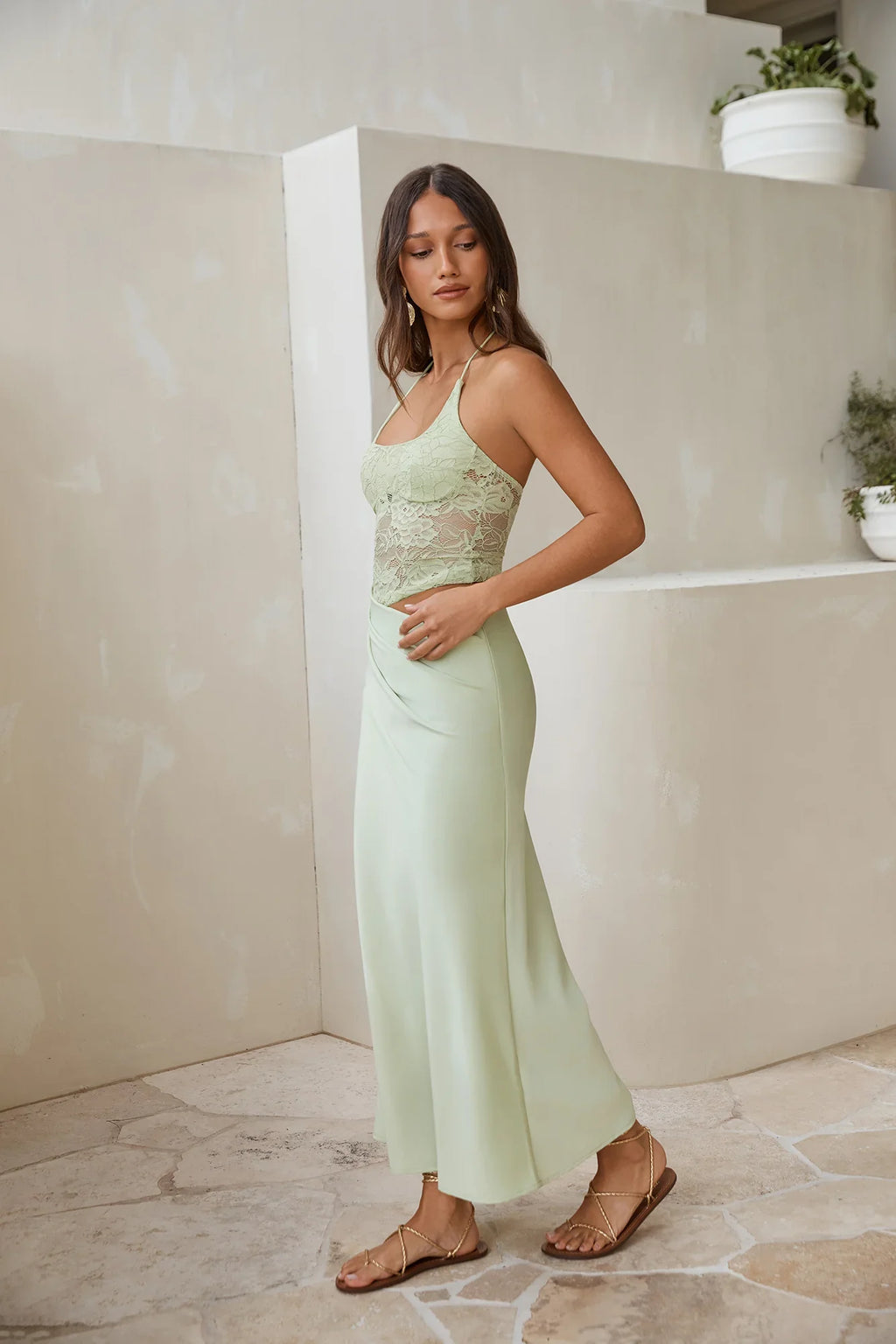 Dreamdays Halter Lace Maxi Dress Sage