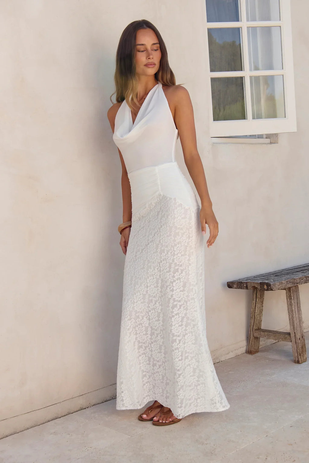 Fly To Paradise Mesh Halter Maxi Dress White