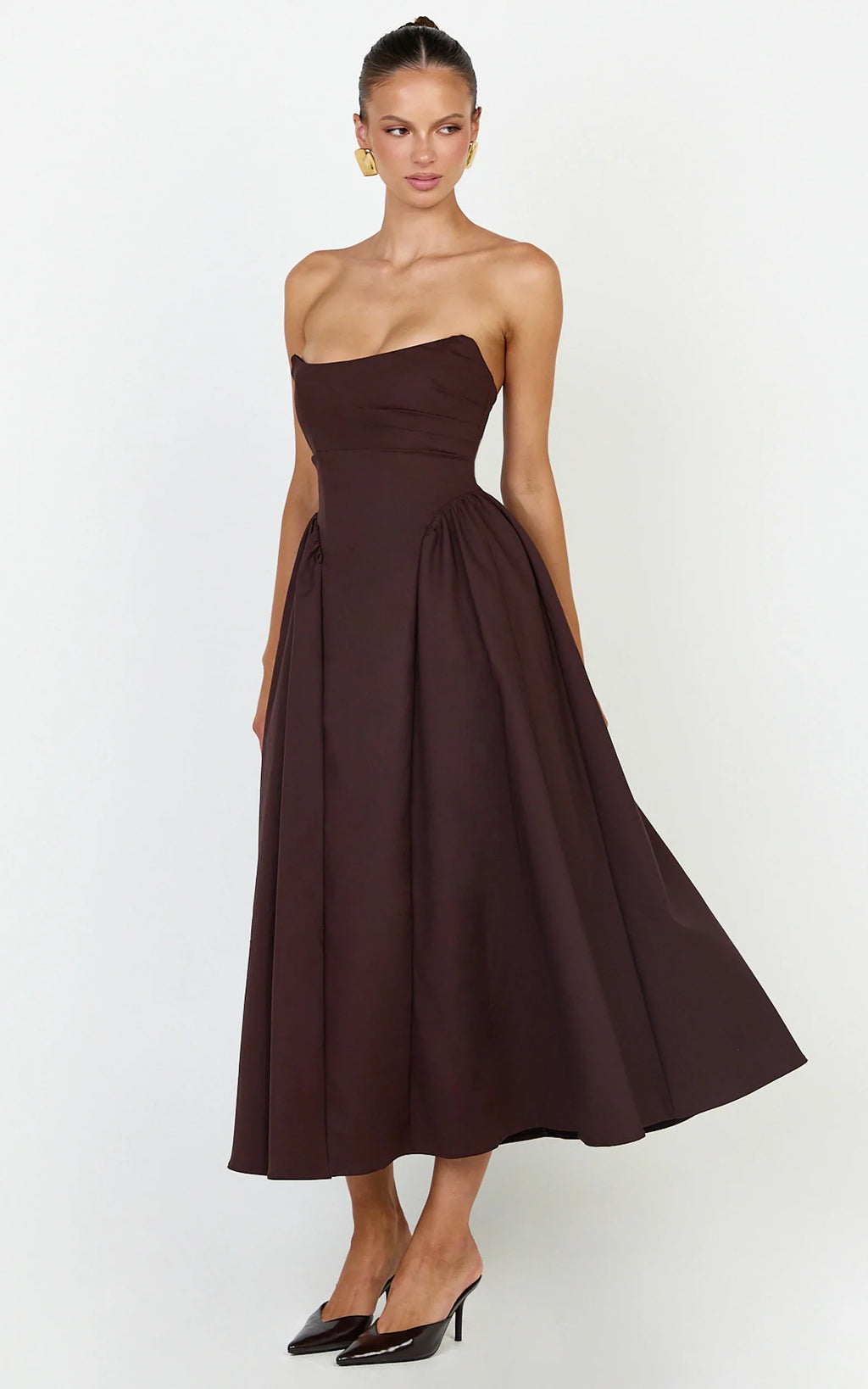 Amara Maxi Dress - Strapless Fit And Flare Dress in Chocolate
