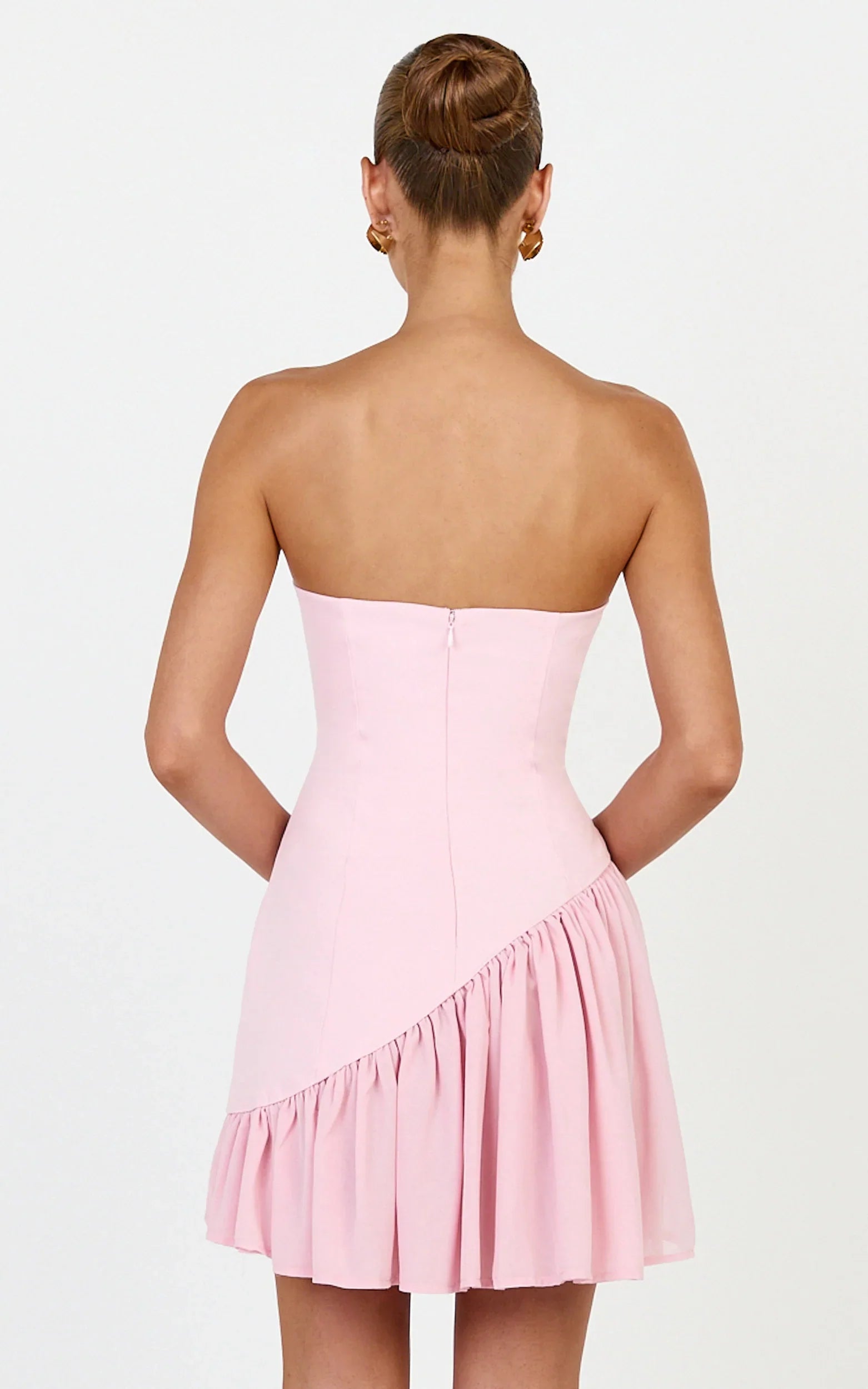 Calla Mini Dress - Strapless Gathered Asymmetric Dropped Waist Dress in Pink