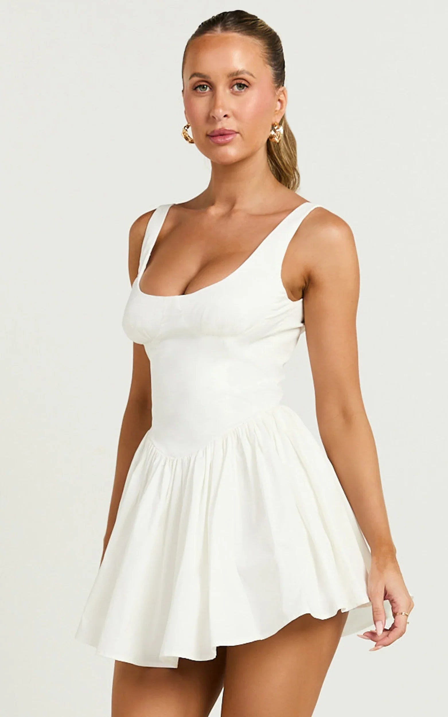 Helga Mini Dress - Low Scoop Neck Fit and Flare Dress in Ivory