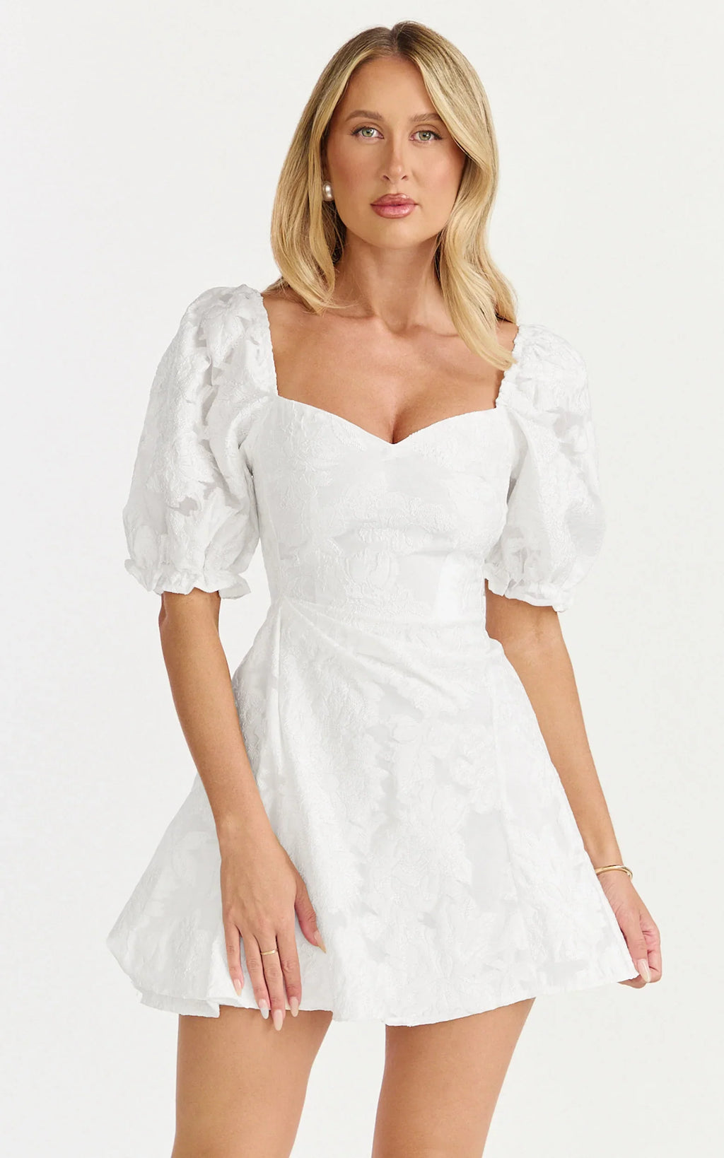 Brailey Mini Dress - Puff Sleeve Fit and Flare Dress in White