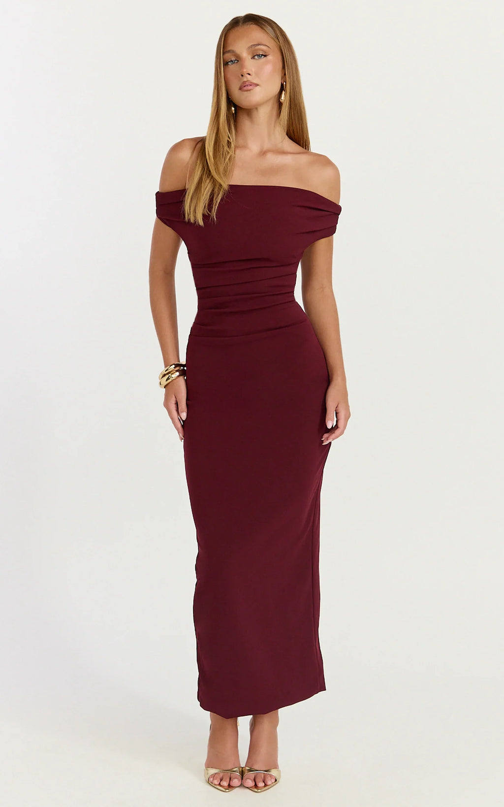 Lena Midi Dress - Off Shoulder Ruched Bodycon Dress in Wine