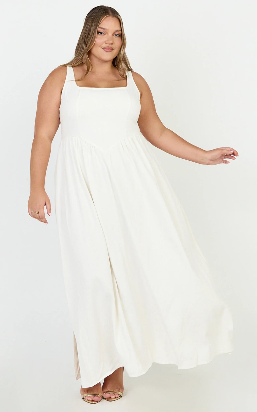 Rhaziya Midi Dress - Sleeveless Straight Neck Fit and Flare Dress in White