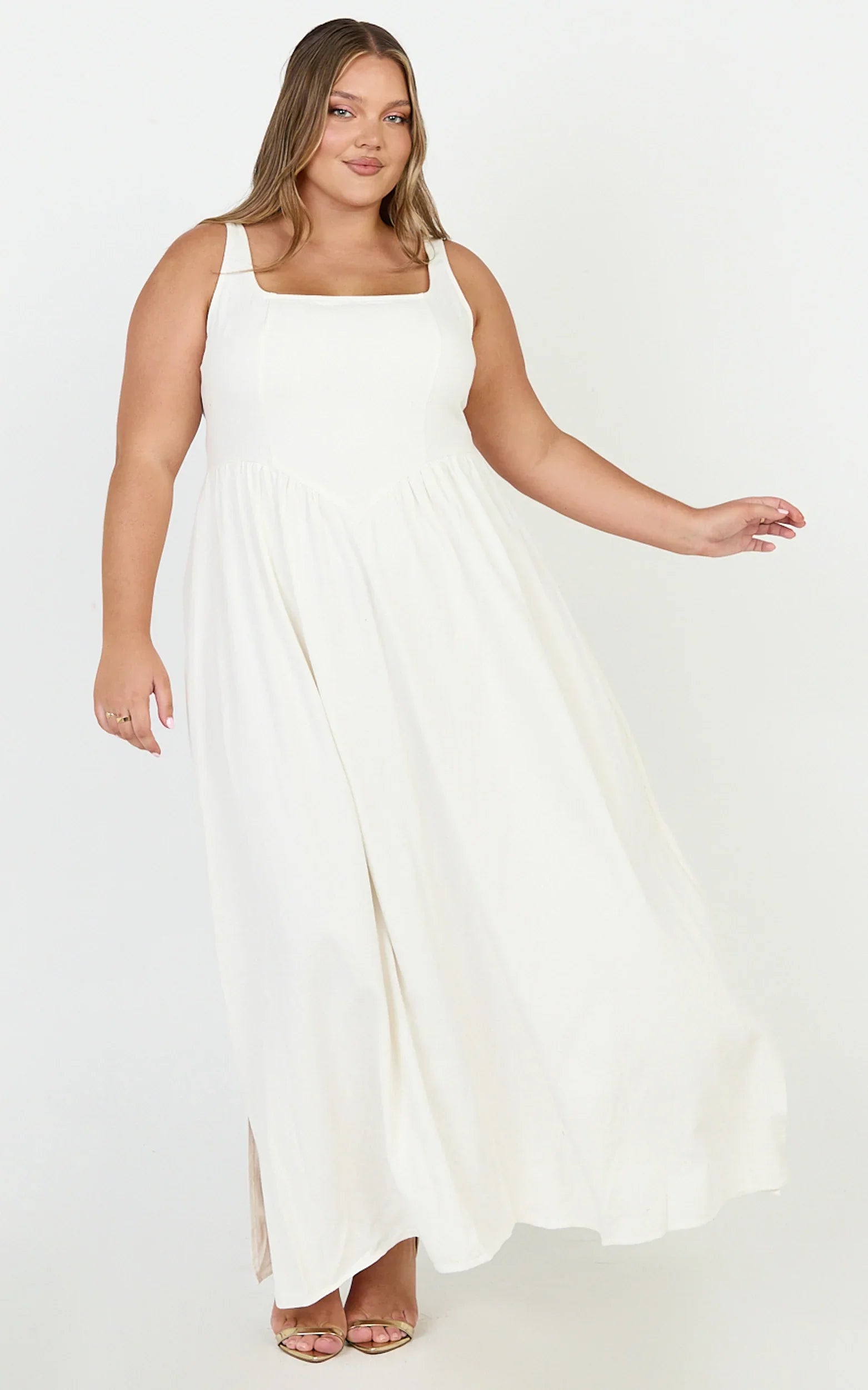 Rhaziya Midi Dress - Sleeveless Straight Neck Fit and Flare Dress in White