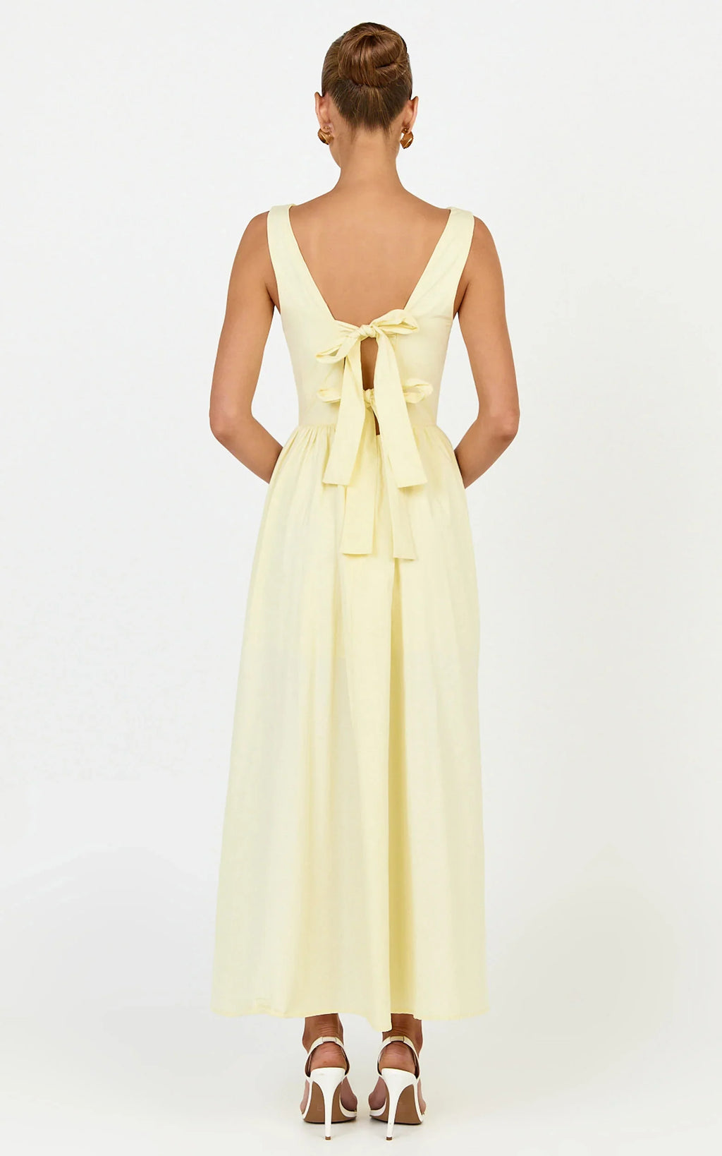 Casina Midi Dress - Boat Neck Tie Back Fit And Flare Dress in Yellow