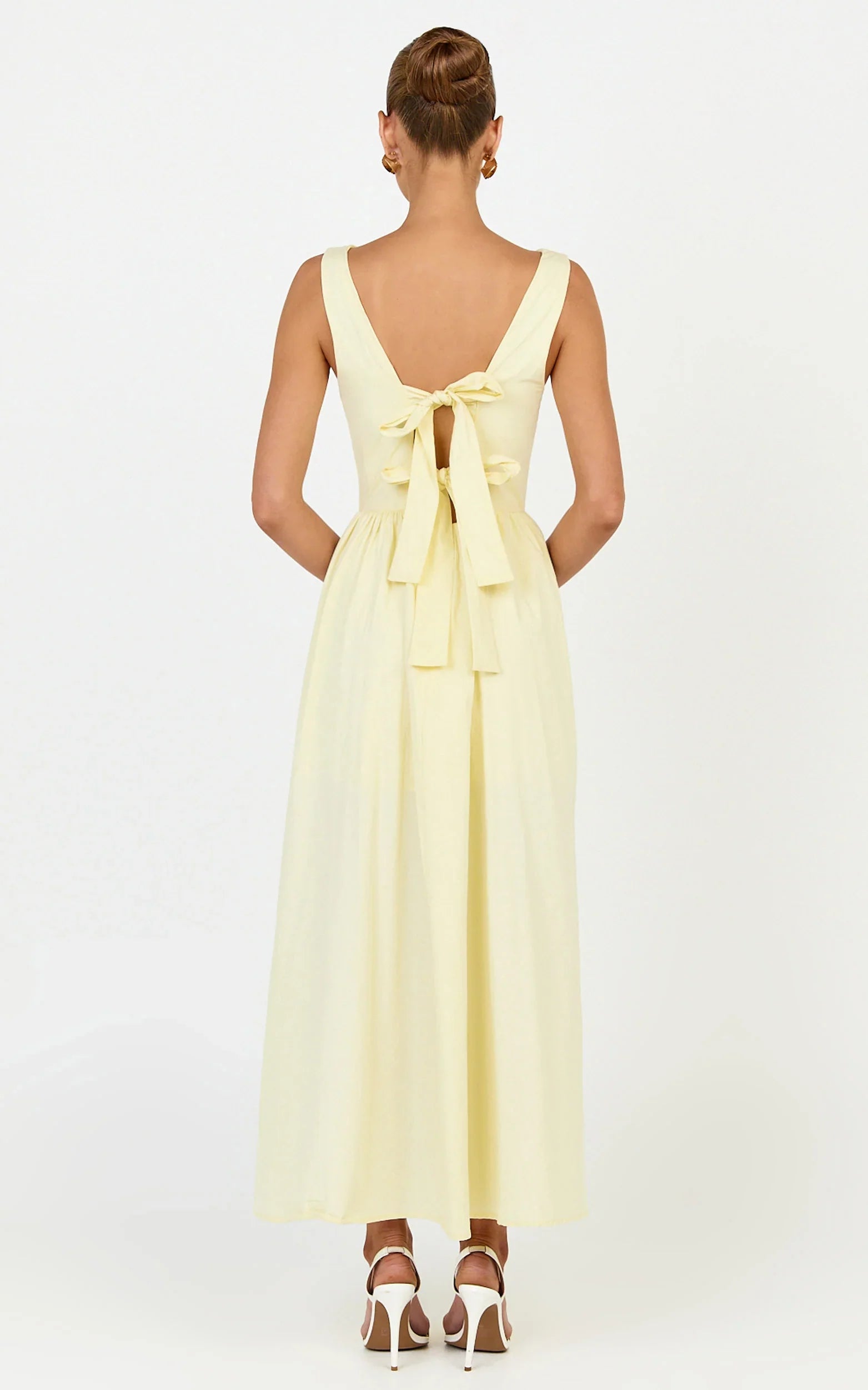 Casina Midi Dress - Boat Neck Tie Back Fit And Flare Dress in Yellow