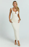 Yenna Midi Dress - Strappy Ruche Front Hardware Trim Fitted Skirt Dress in Cream