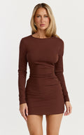 Brielle Mini Dress - Long Sleeve Ruched Bodycon Dress in Chocolate