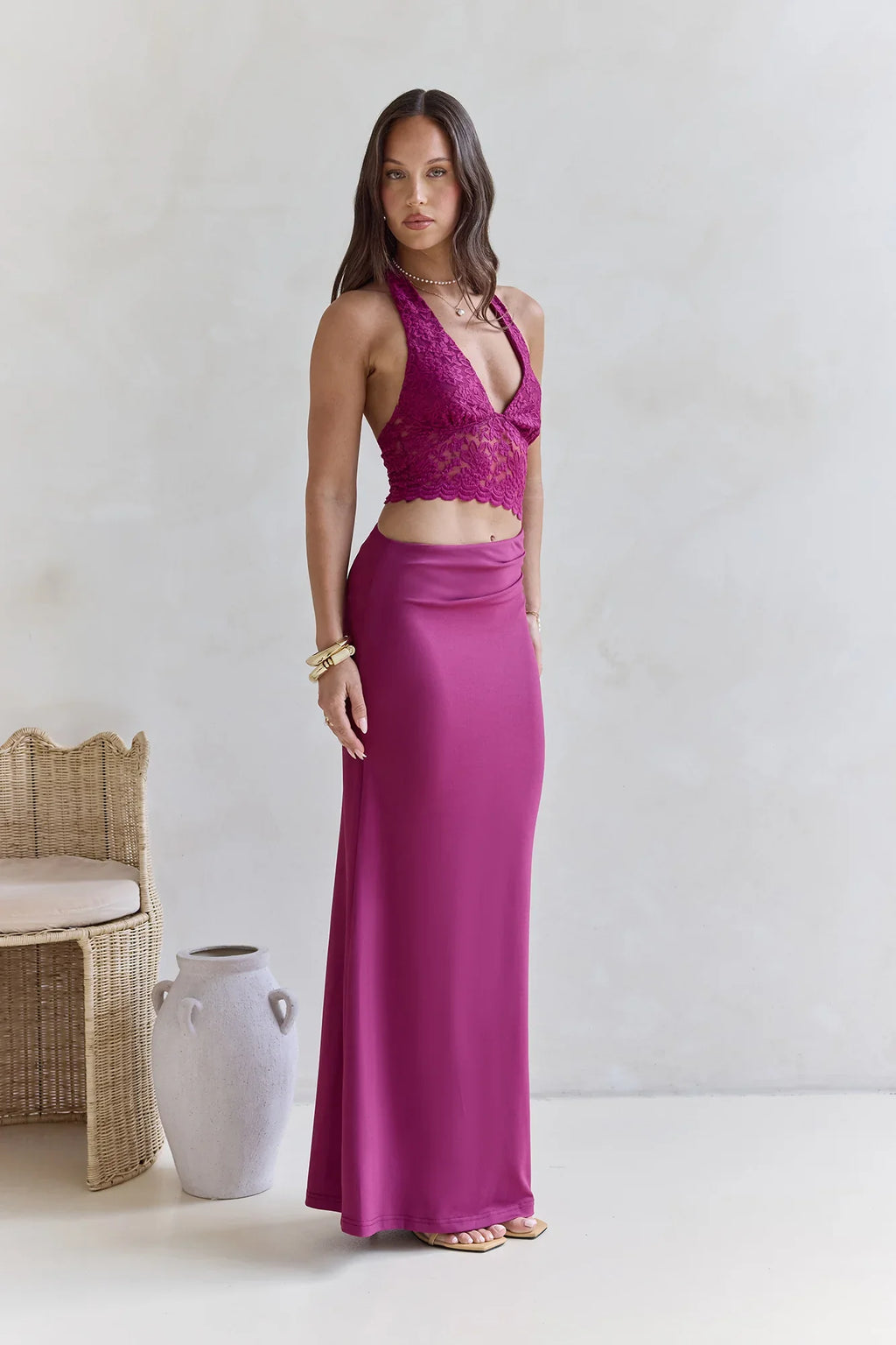 Best Believe Lace Halter Maxi Dress Plum
